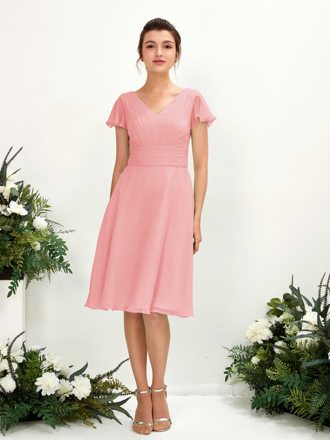 Carlyna A-Linien-Kleid V-Ausschnitt Flatterärmel knielang Chiffon Kleid Ballettrosa #farbe_ballettrosa