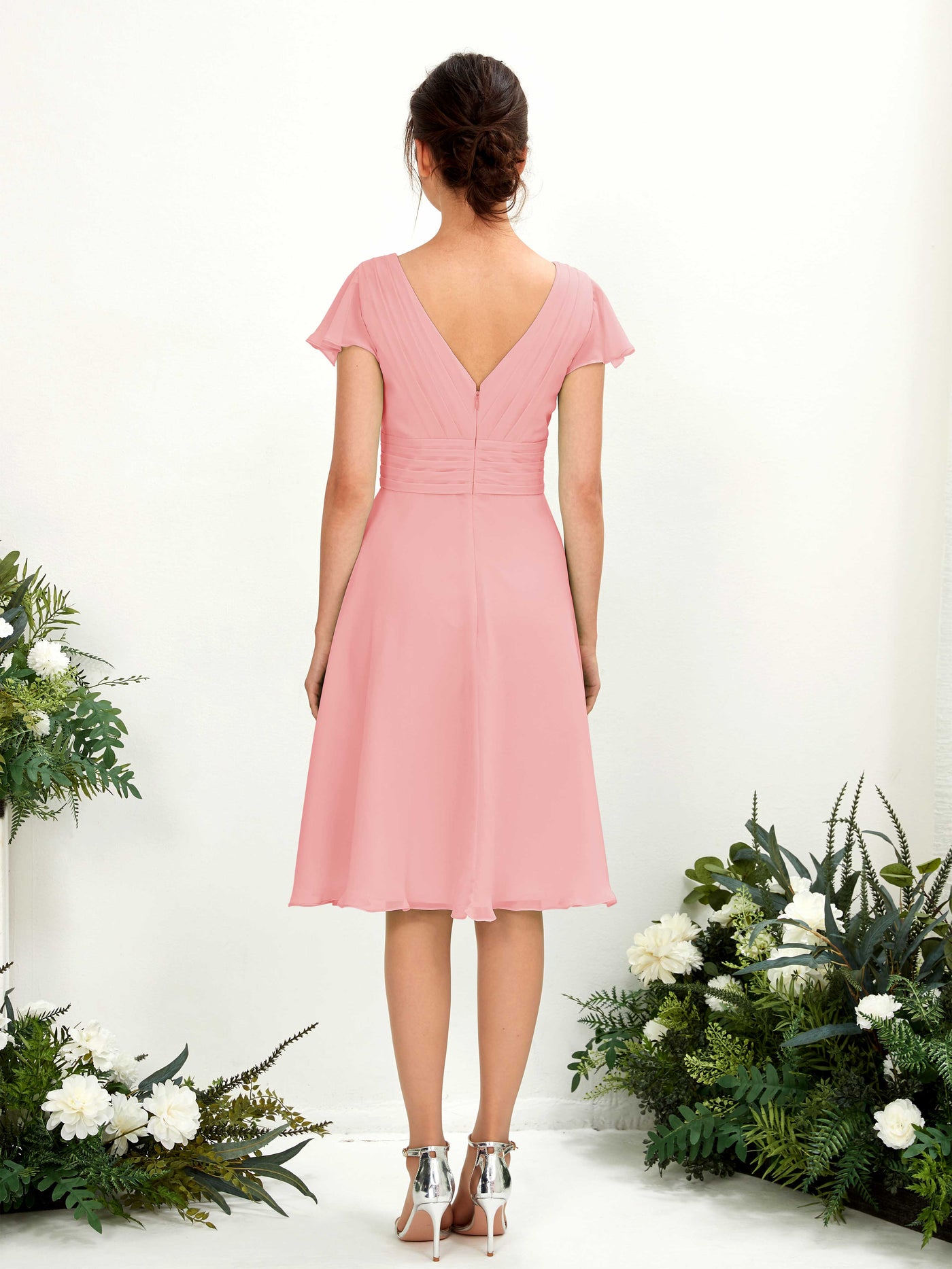 Carlyna A-Linien-Kleid V-Ausschnitt Flatterärmel knielang Chiffon Kleid Ballettrosa #farbe_ballettrosa