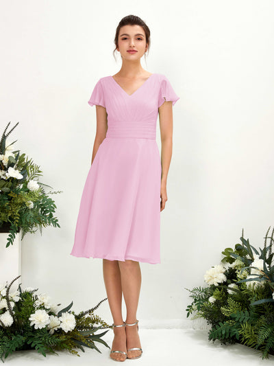 Carlyna A-Linien-Kleid V-Ausschnitt Flatterärmel knielang Chiffon Kleid Bonbonrosa #farbe_bonbonrosa