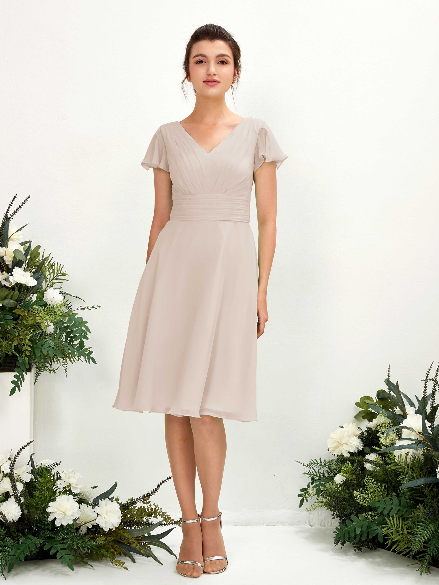 Carlyna A-Linien-Kleid V-Ausschnitt Flatterärmel knielang Chiffon Kleid Champagner #farbe_champagner