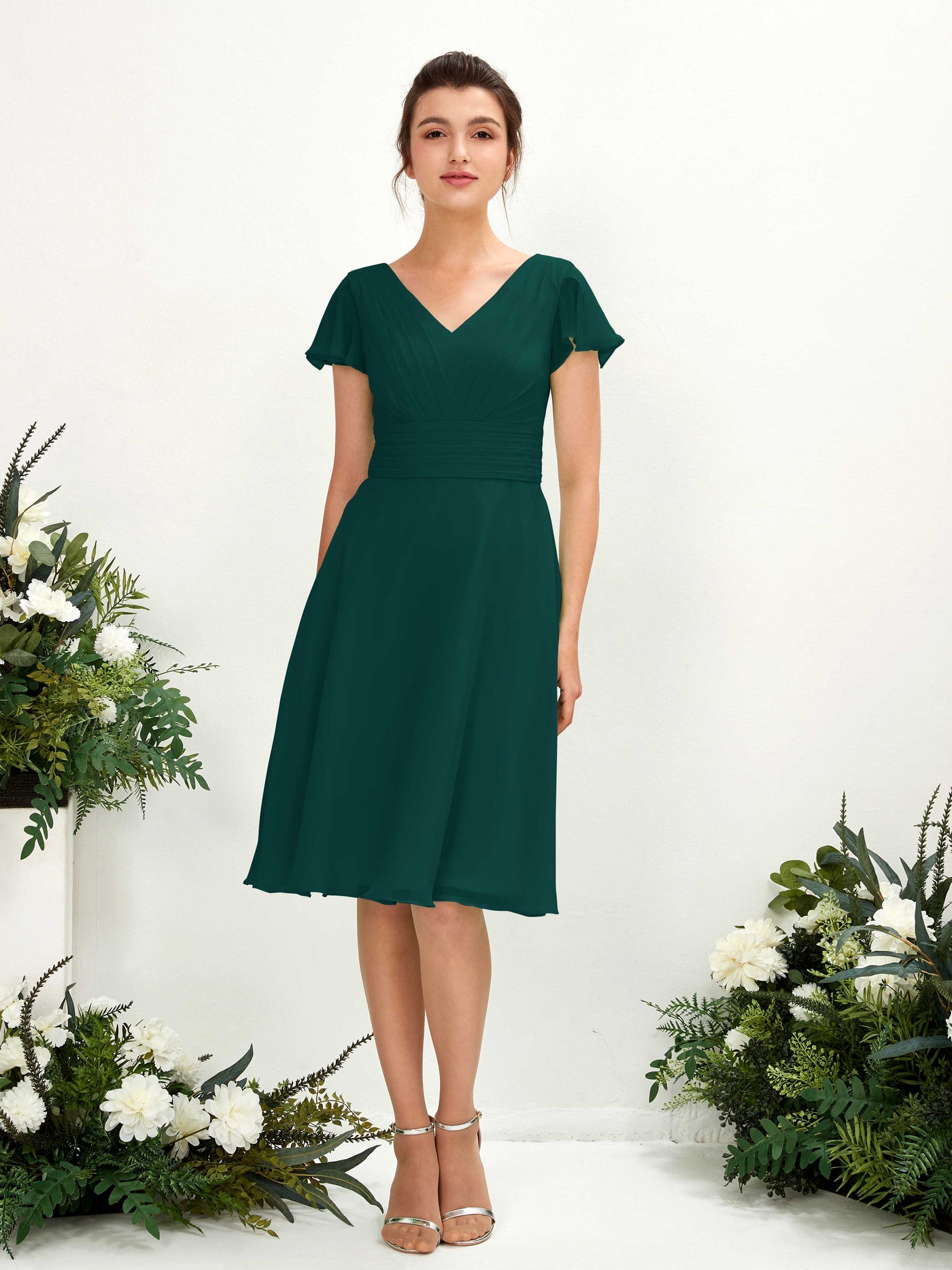 Carlyna A-Linien-Kleid V-Ausschnitt Flatterärmel knielang Chiffon Kleid Dunkelsmaragd #farbe_dunkelsmaragd