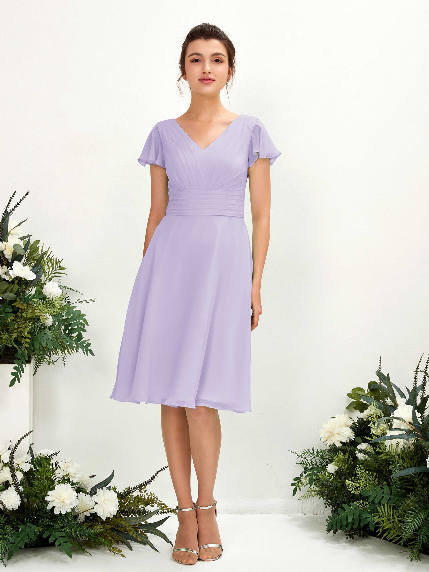 Carlyna A-Linien-Kleid V-Ausschnitt Flatterärmel knielang Chiffon Kleid Flieder #farbe_flieder