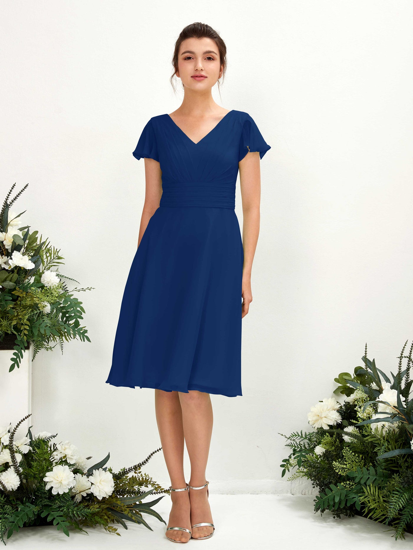 Carlyna A-Linien-Kleid V-Ausschnitt Flatterärmel knielang Chiffon Kleid Königsblau #farbe_k-nigsblau