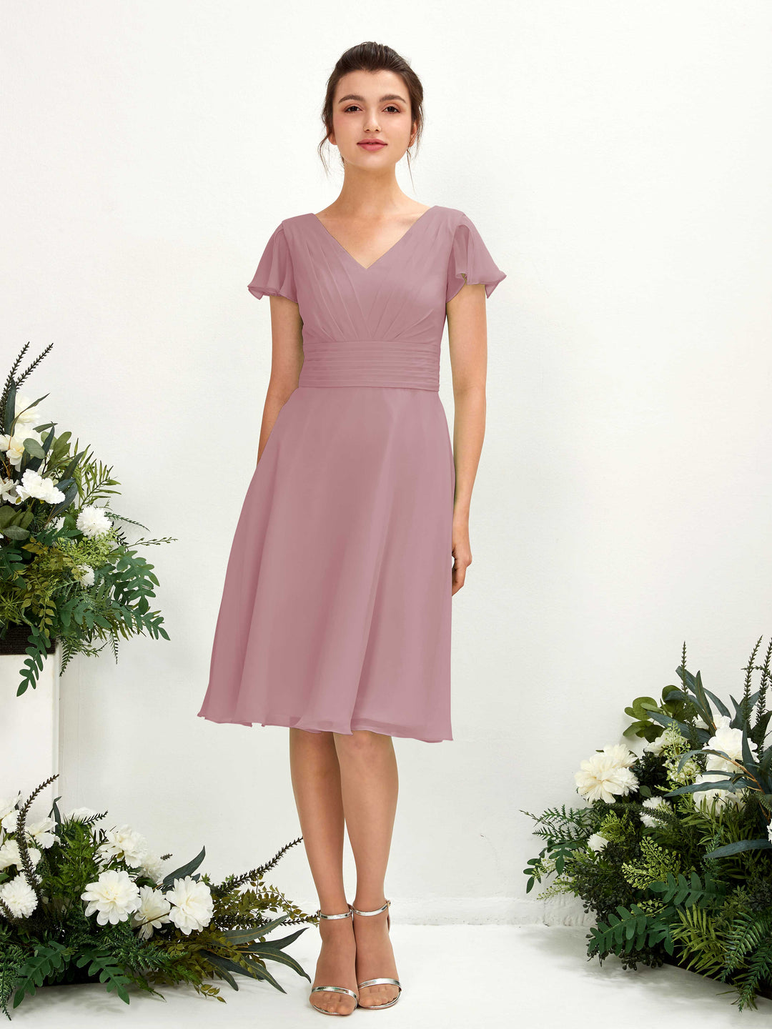 Carlyna A-Linien-Kleid V-Ausschnitt Flatterärmel knielang Chiffon Kleid Klassisch Mauve 