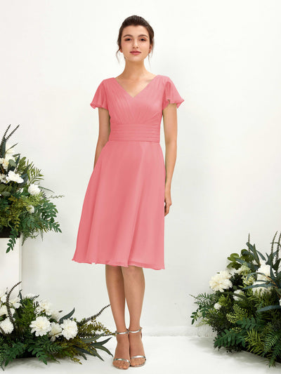 Carlyna A-Linien-Kleid V-Ausschnitt Flatterärmel knielang Chiffon Kleid Korallenrosa #farbe_korallenrosa