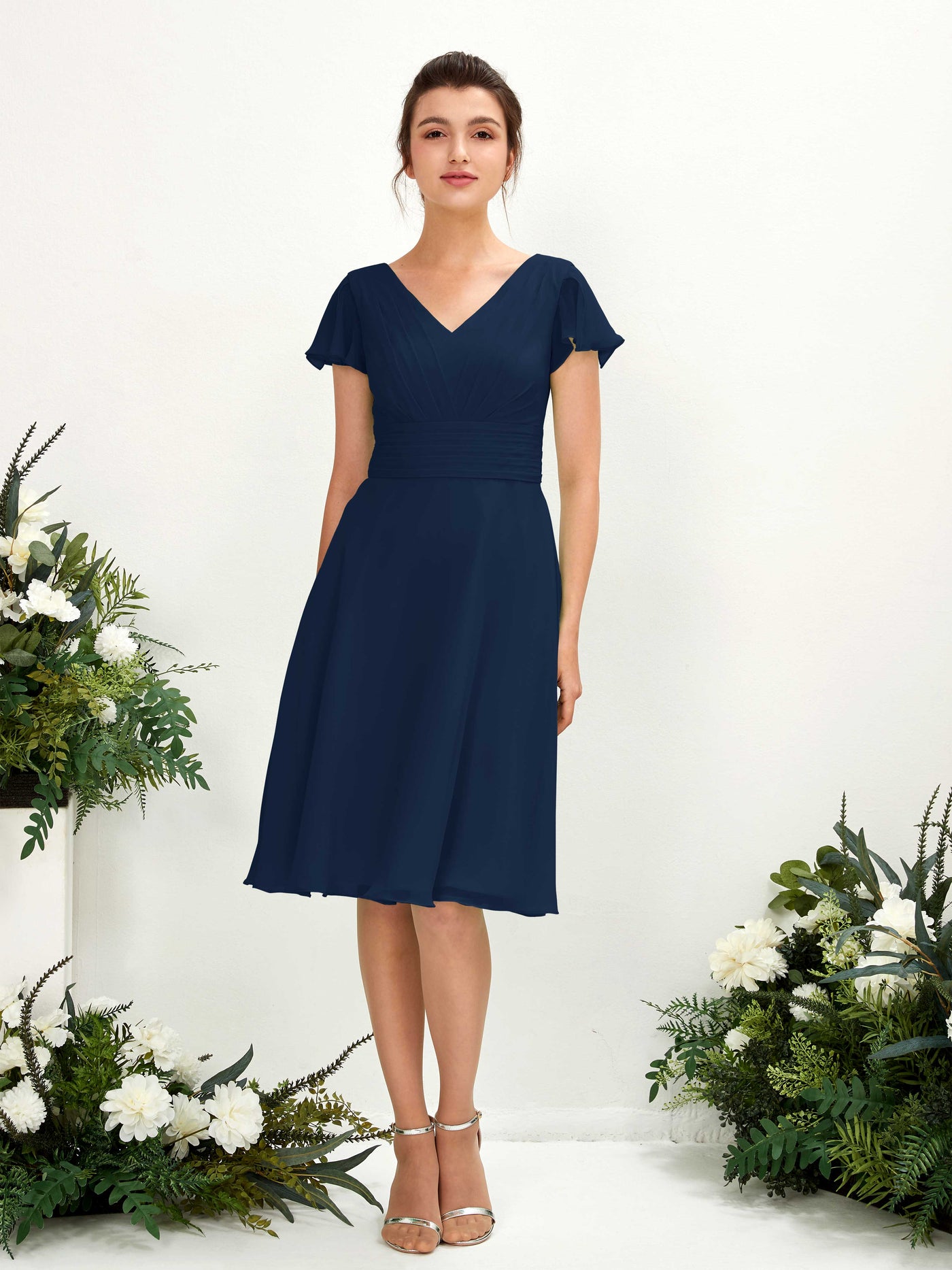 Carlyna A-Linien-Kleid V-Ausschnitt Flatterärmel knielang Chiffon Kleid Marineblau #farbe_marineblau