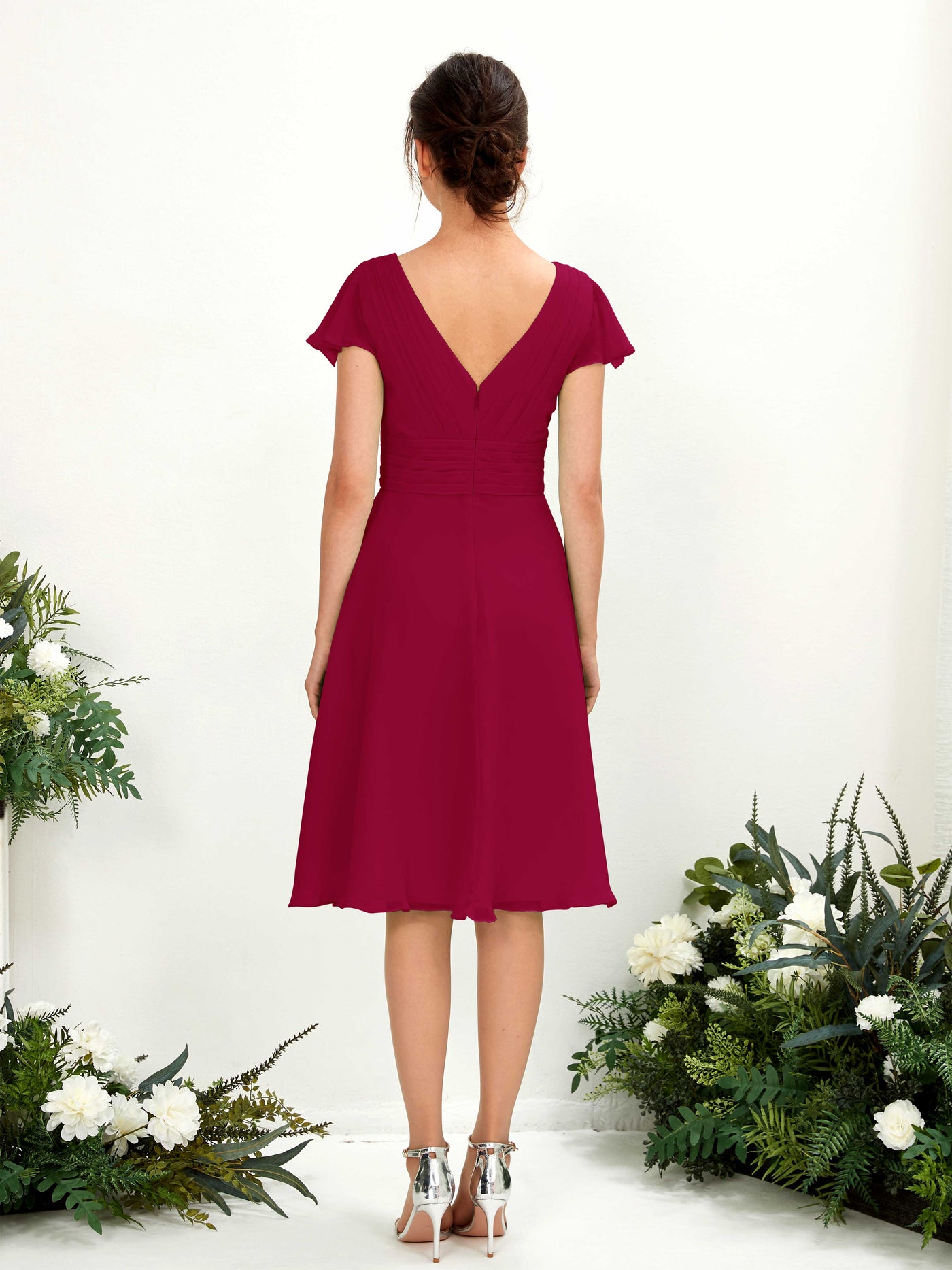 Carlyna A-Linien-Kleid V-Ausschnitt Flatterärmel knielang Chiffon Kleid Narrenrot #farbe_narrenrot