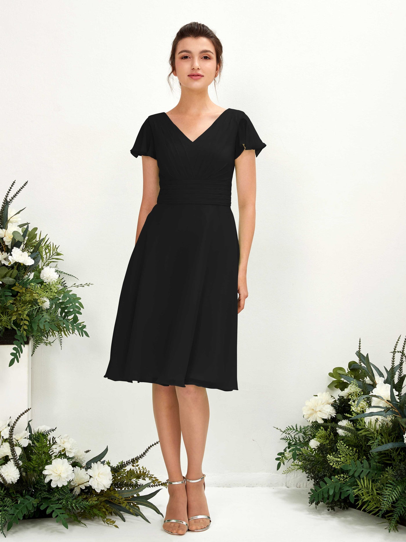 Carlyna A-Linien-Kleid V-Ausschnitt Flatterärmel knielang Chiffon Kleid Schwarz #farbe_schwarz