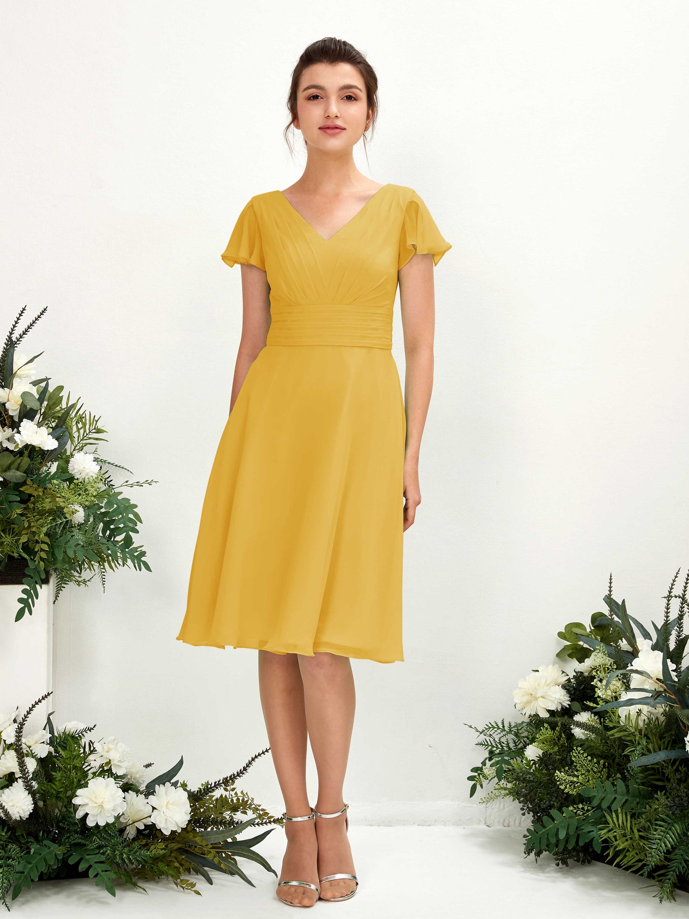 Carlyna A-Linien-Kleid V-Ausschnitt Flatterärmel knielang Chiffon Kleid Senfgelb #farbe_senfgelb