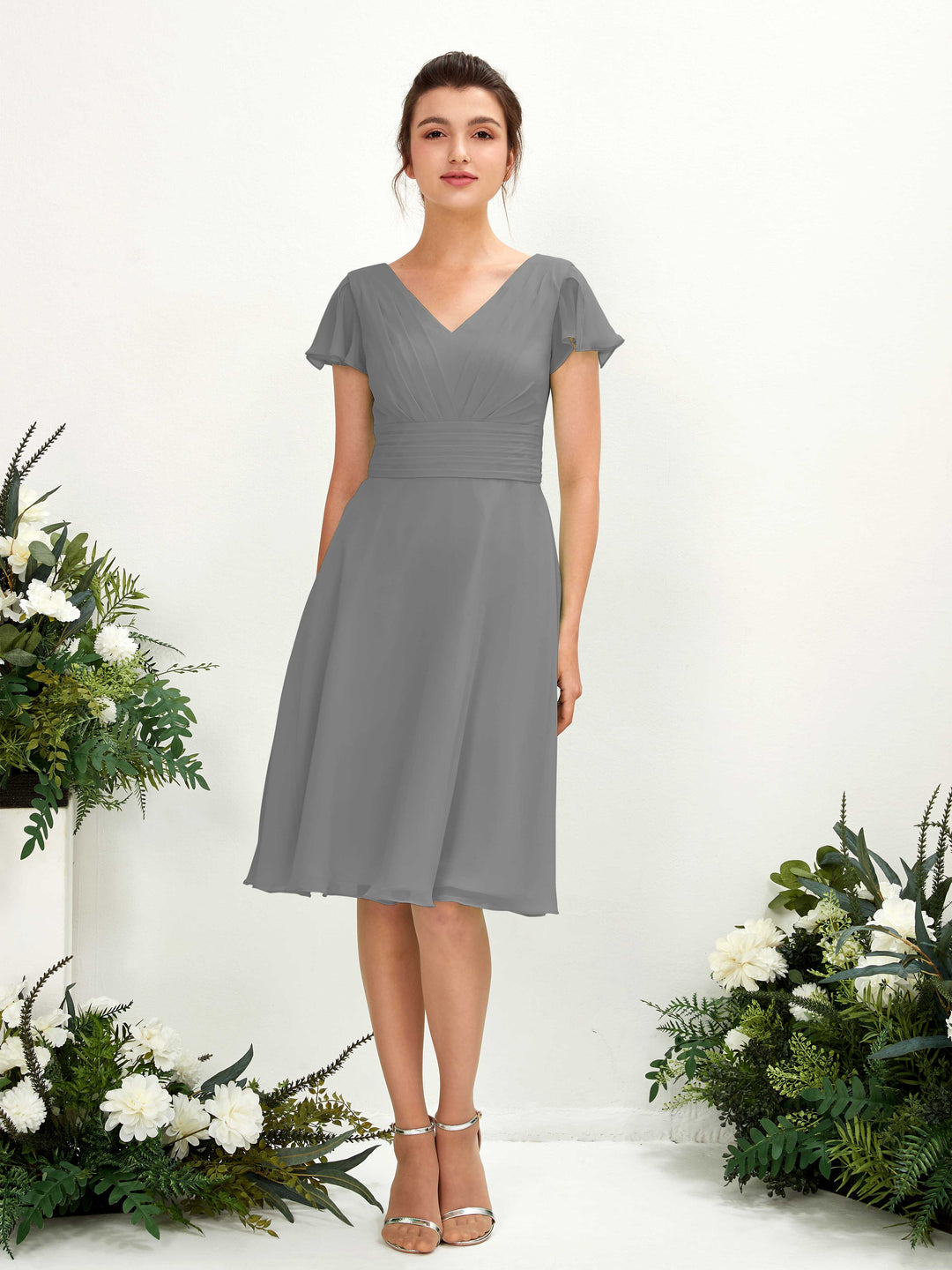 Carlyna A-Linien-Kleid V-Ausschnitt Flatterärmel knielang Chiffon Kleid Stahlgrau 