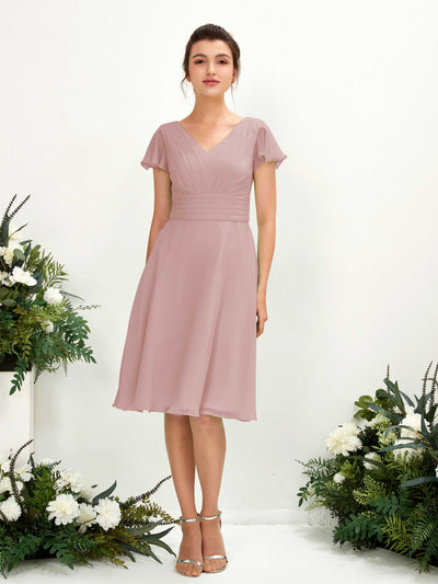 Carlyna A-Linien-Kleid V-Ausschnitt Flatterärmel knielang Chiffon Kleid Staubige Rose #farbe_staubige-rose