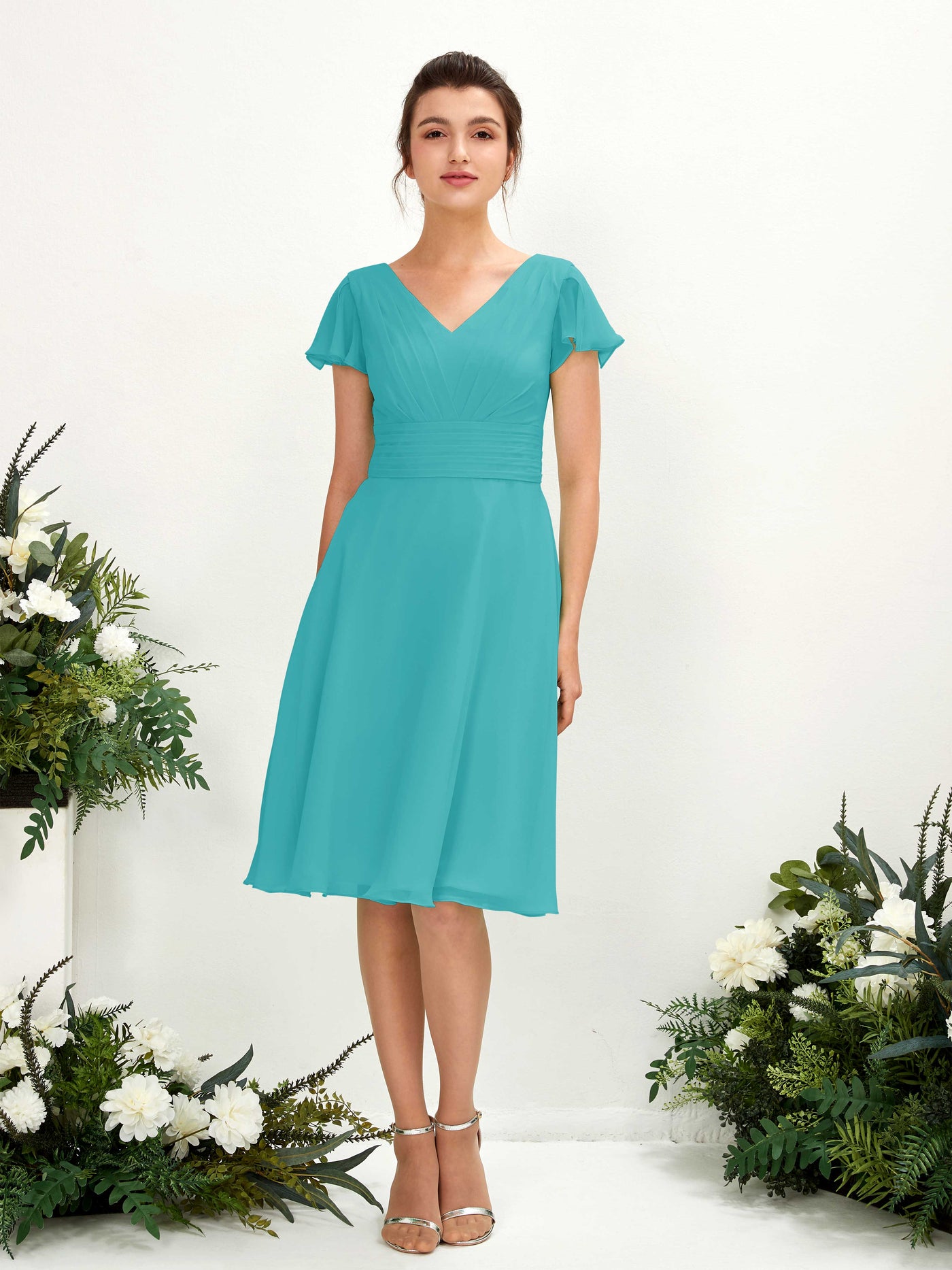 Carlyna A-Linien-Kleid V-Ausschnitt Flatterärmel knielang Chiffon Kleid Türkis #farbe_t-rkis
