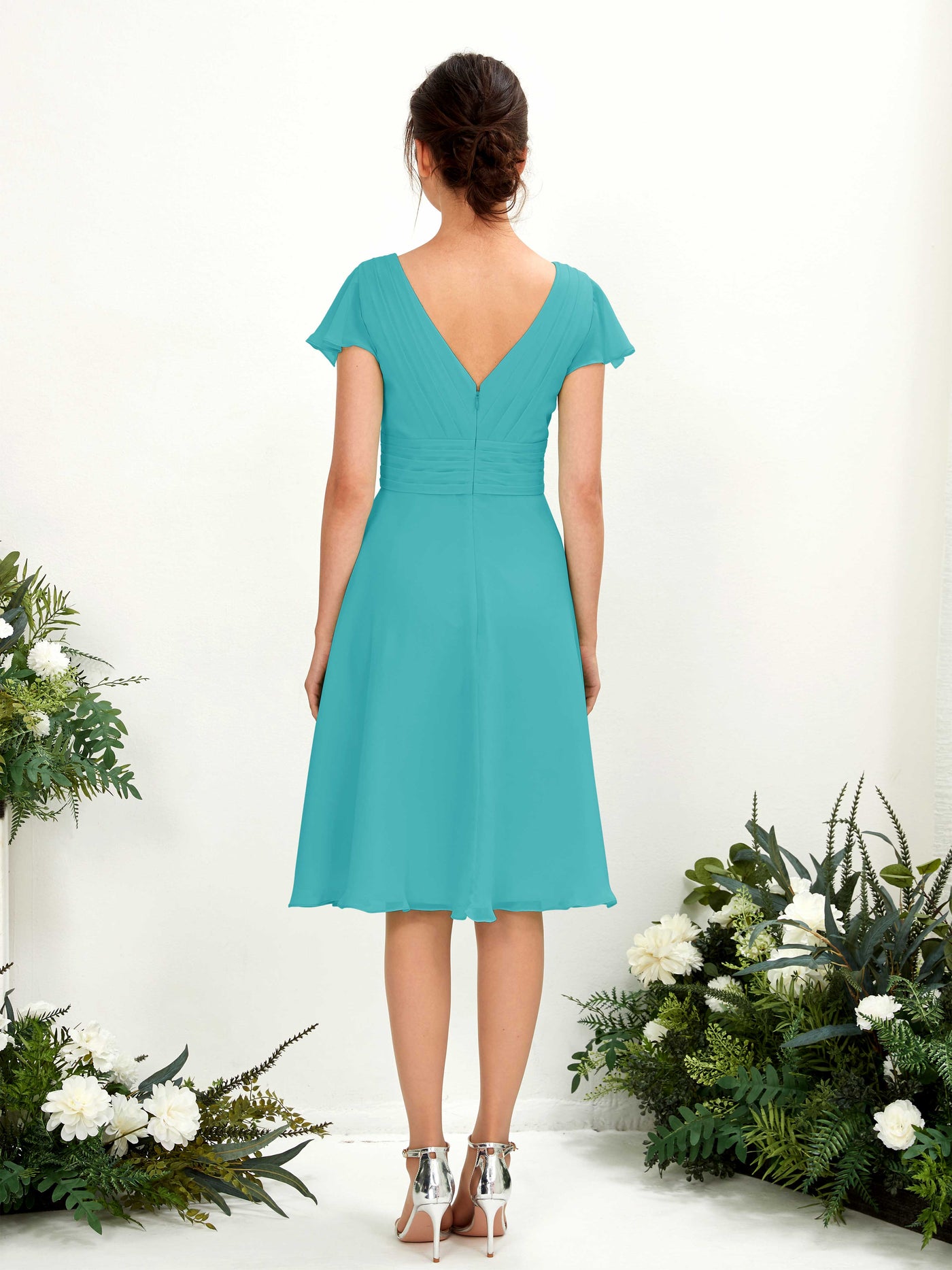 Carlyna A-Linien-Kleid V-Ausschnitt Flatterärmel knielang Chiffon Kleid Türkis #farbe_t-rkis