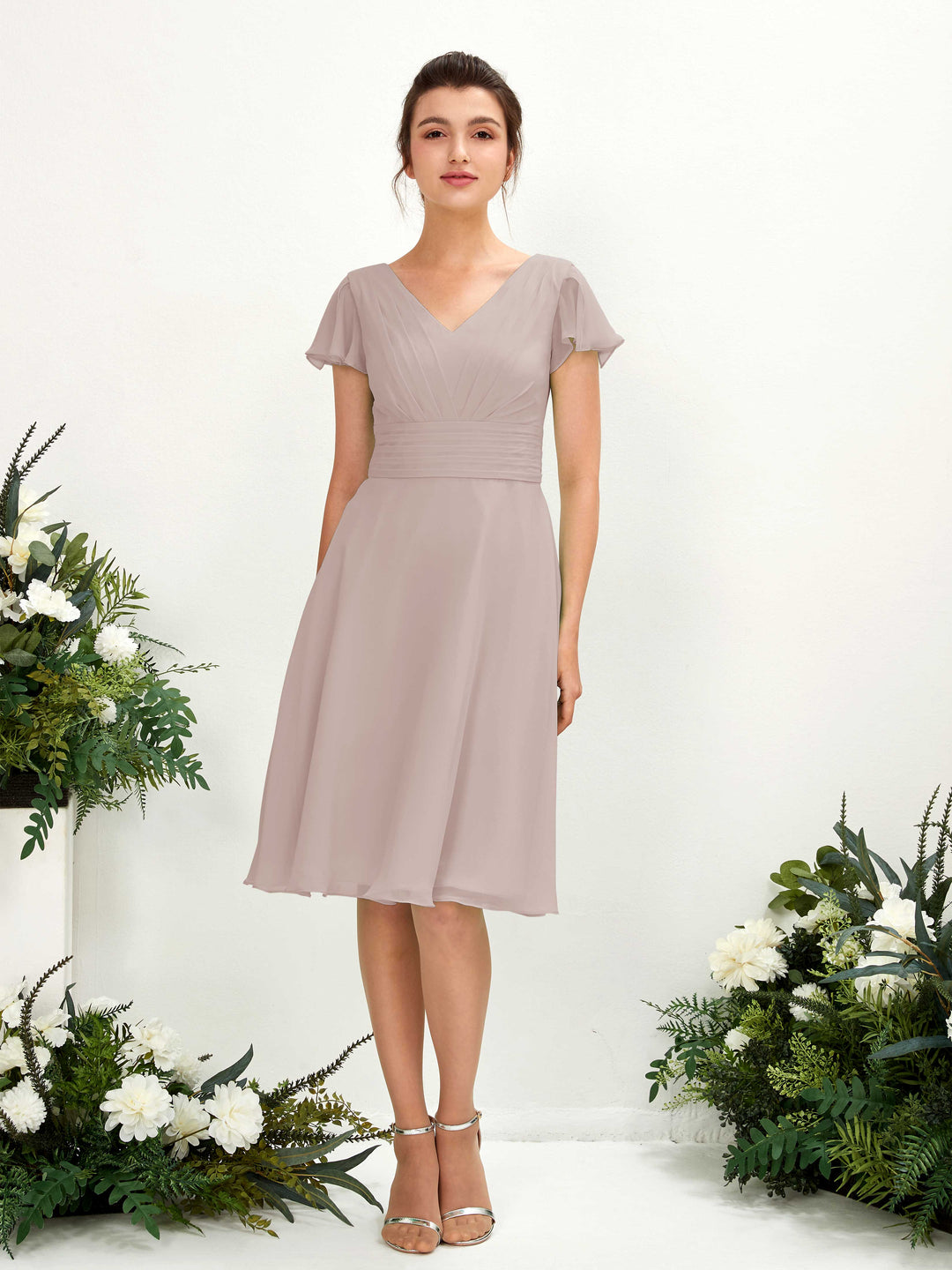 Carlyna A-Linien-Kleid V-Ausschnitt Flatterärmel knielang Chiffon Kleid Taupe 
