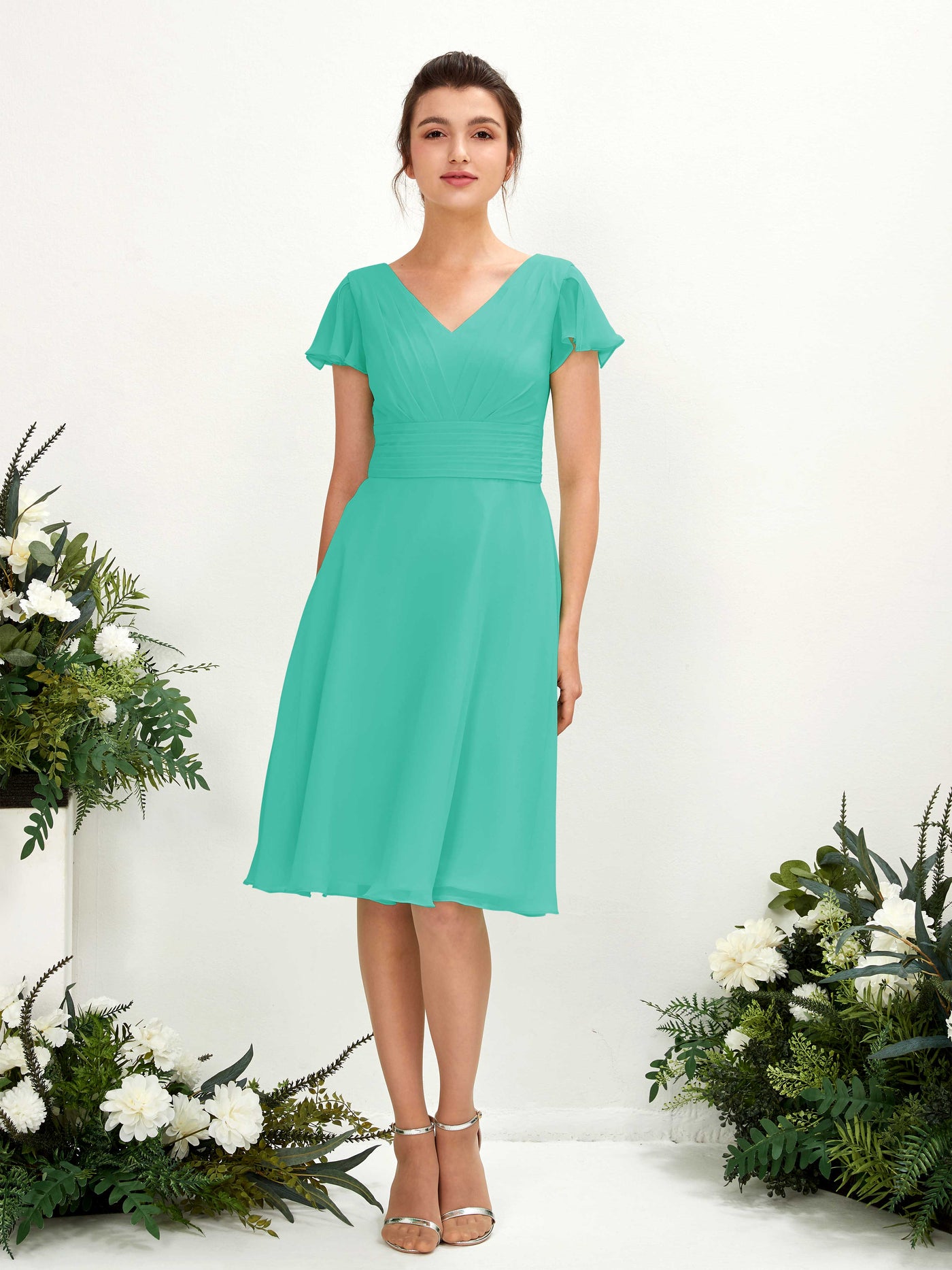Carlyna A-Linien-Kleid V-Ausschnitt Flatterärmel knielang Chiffon Kleid Tiffany-Blau #farbe_tiffany-blau