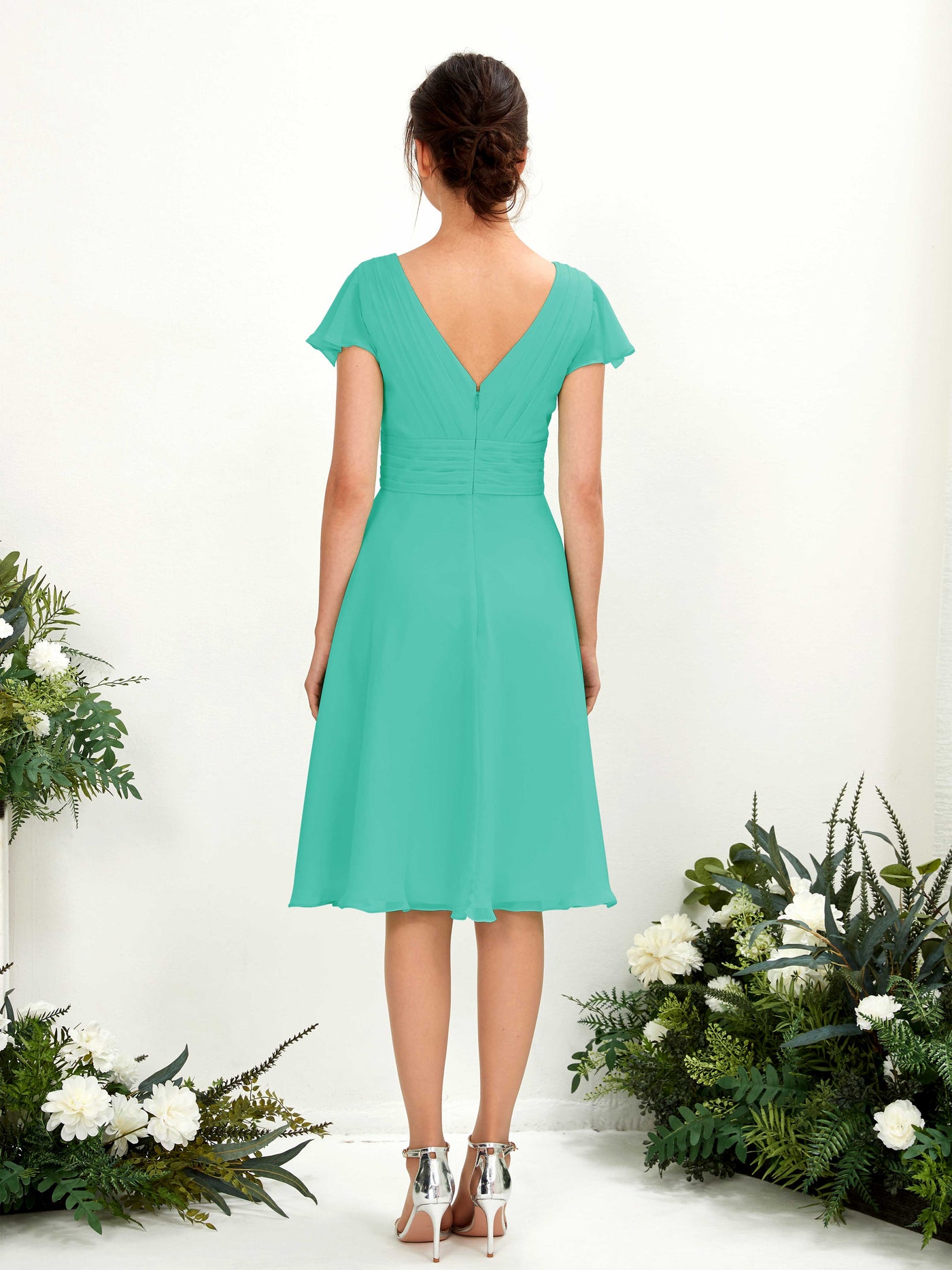 Carlyna A-Linien-Kleid V-Ausschnitt Flatterärmel knielang Chiffon Kleid Tiffany-Blau #farbe_tiffany-blau