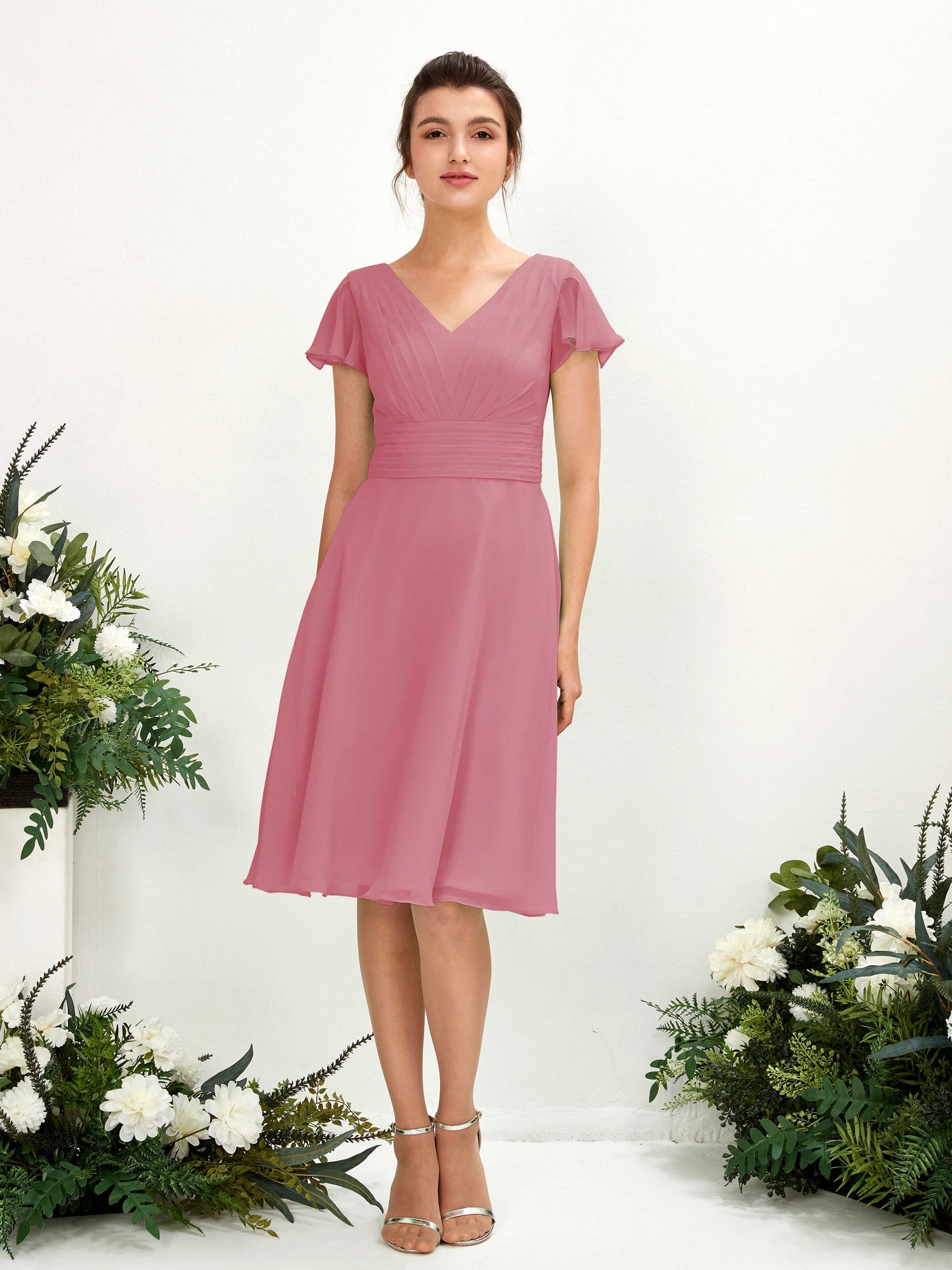 Carlyna A-Linien-Kleid V-Ausschnitt Flatterärmel knielang Chiffon Kleid Wüstenrose #farbe_w-stenrose