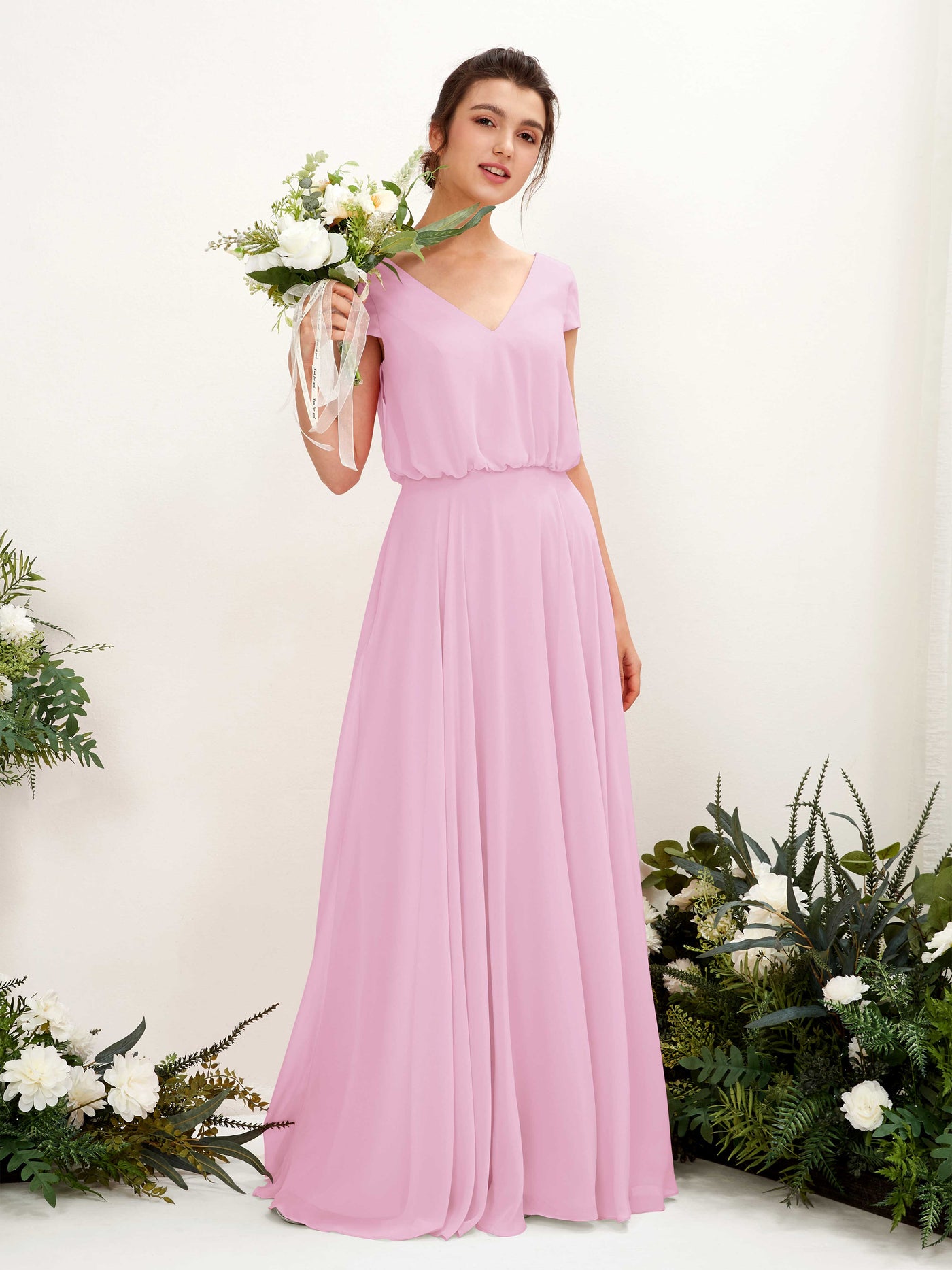 Carlyna A-Linien-Kleid V-Ausschnitt Flügelärmel Bodenlanger Brautjungfernkleid Bonbonrosa #farbe_bonbonrosa