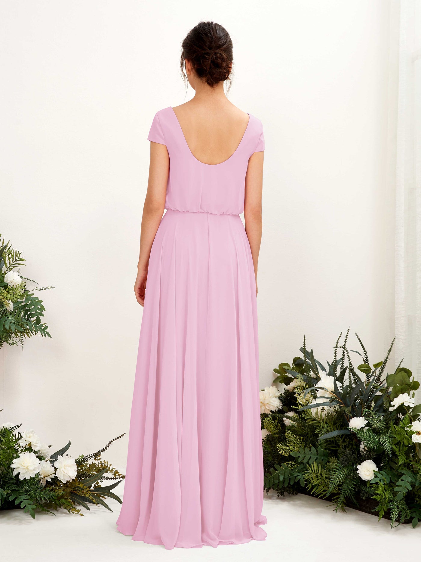 Carlyna A-Linien-Kleid V-Ausschnitt Flügelärmel Bodenlanger Brautjungfernkleid Bonbonrosa #farbe_bonbonrosa