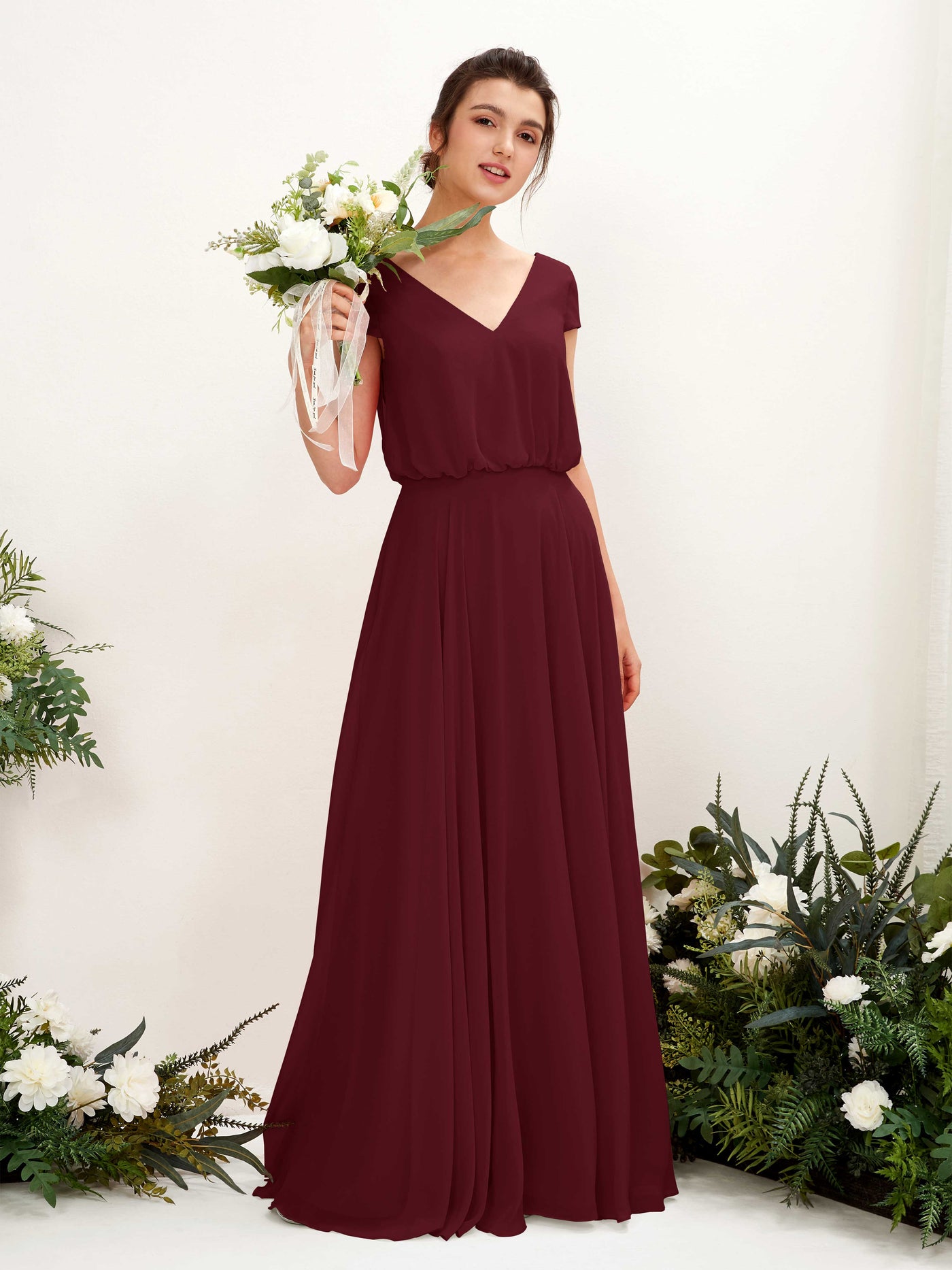 Carlyna A-Linien-Kleid V-Ausschnitt Flügelärmel Bodenlanger Brautjungfernkleid Burgunderrot #farbe_burgunderrot