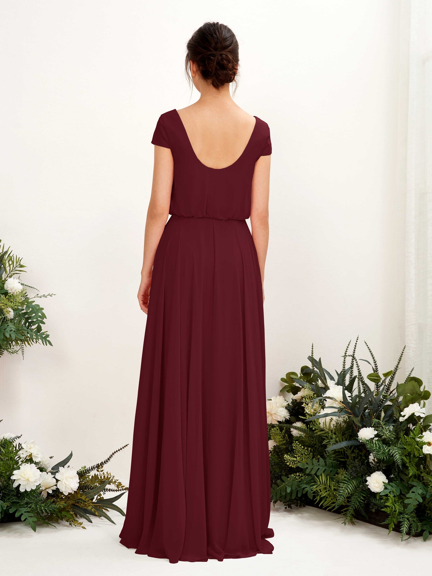 Carlyna A-Linien-Kleid V-Ausschnitt Flügelärmel Bodenlanger Brautjungfernkleid Burgunderrot #farbe_burgunderrot