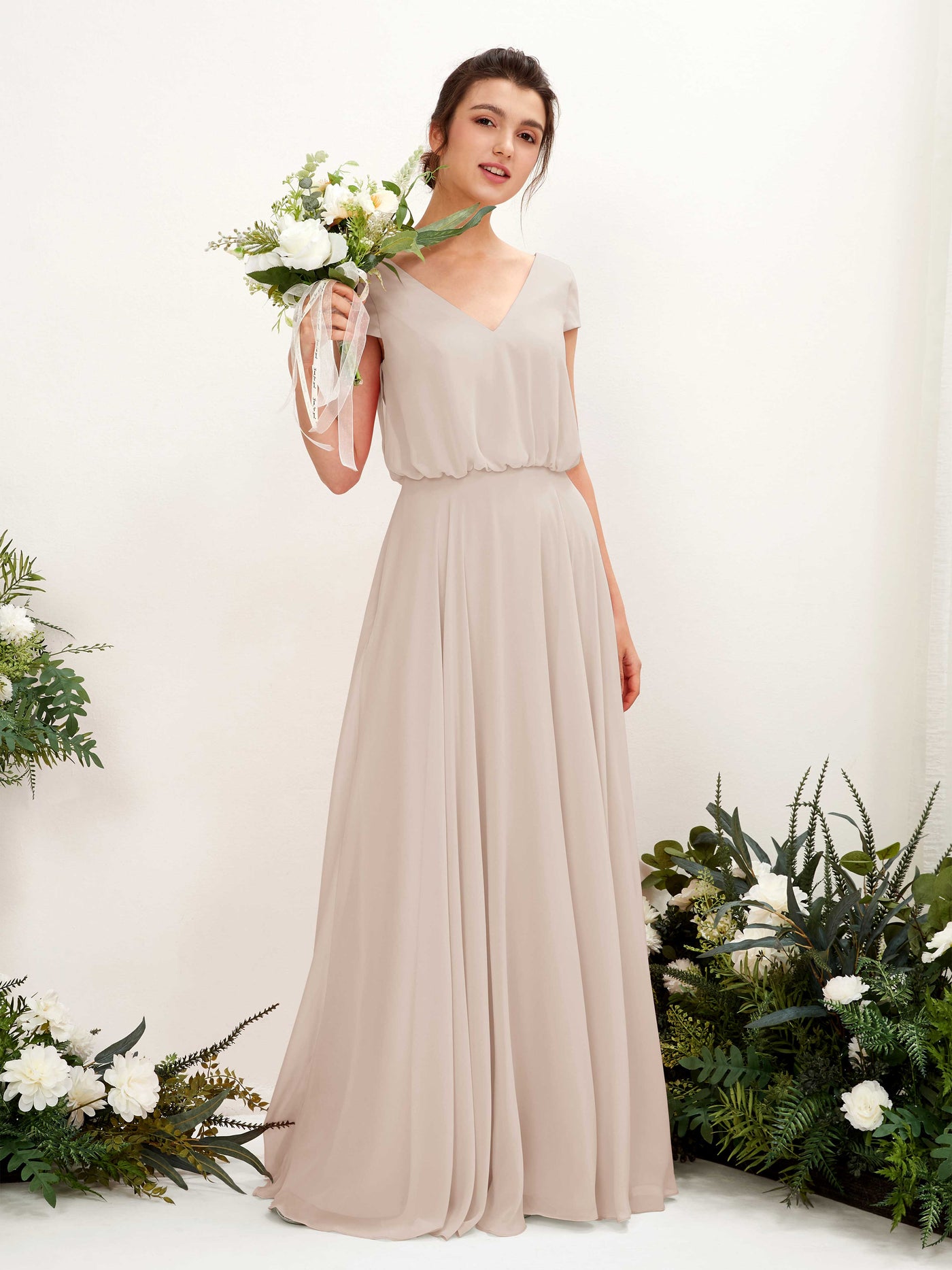 Carlyna A-Linien-Kleid V-Ausschnitt Flügelärmel Bodenlanger Brautjungfernkleid Champagner #farbe_champagner