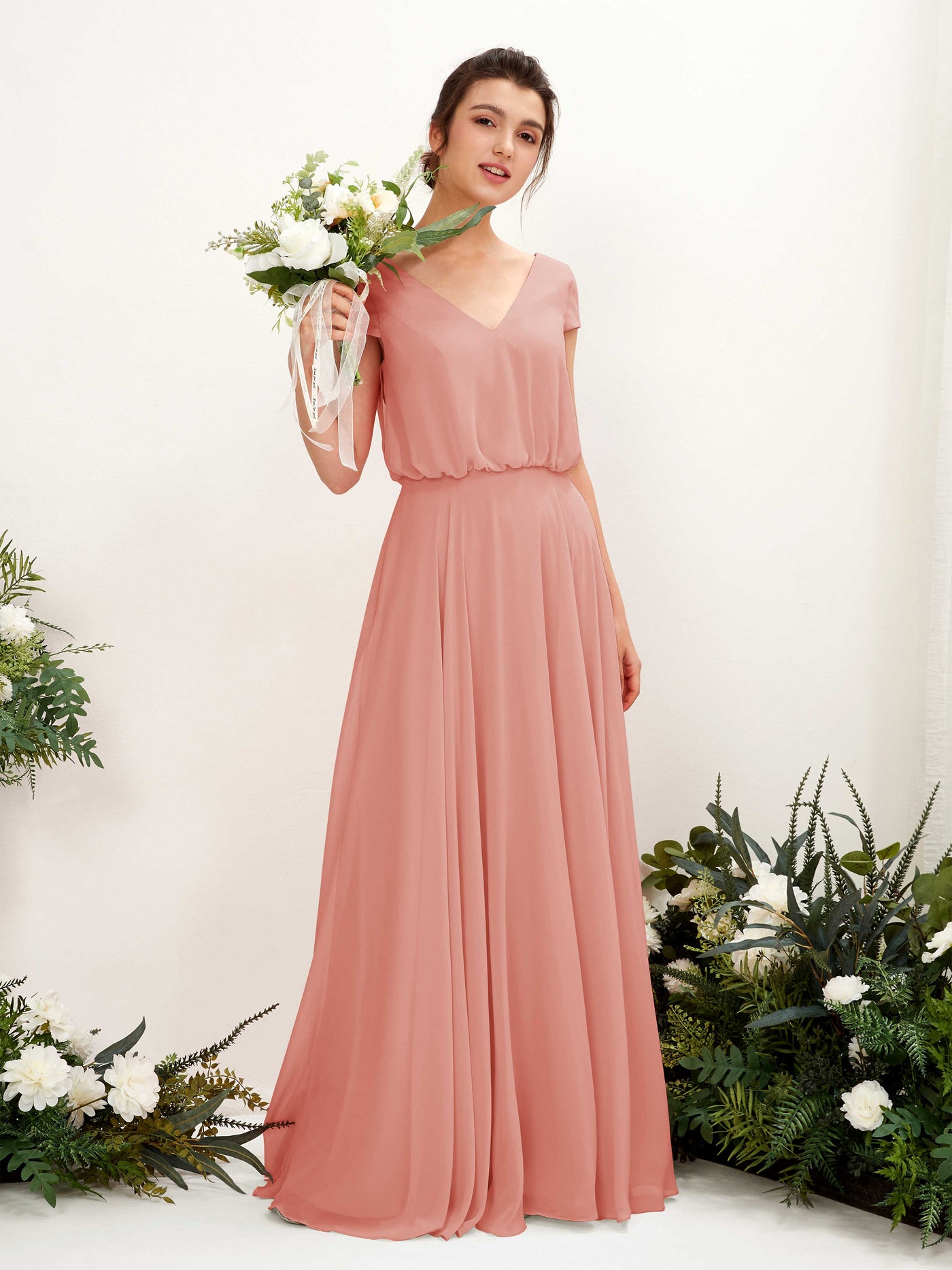 Carlyna A-Linien-Kleid V-Ausschnitt Flügelärmel Bodenlanger Brautjungfernkleid Champagner-Rose #farbe_champagner-rose