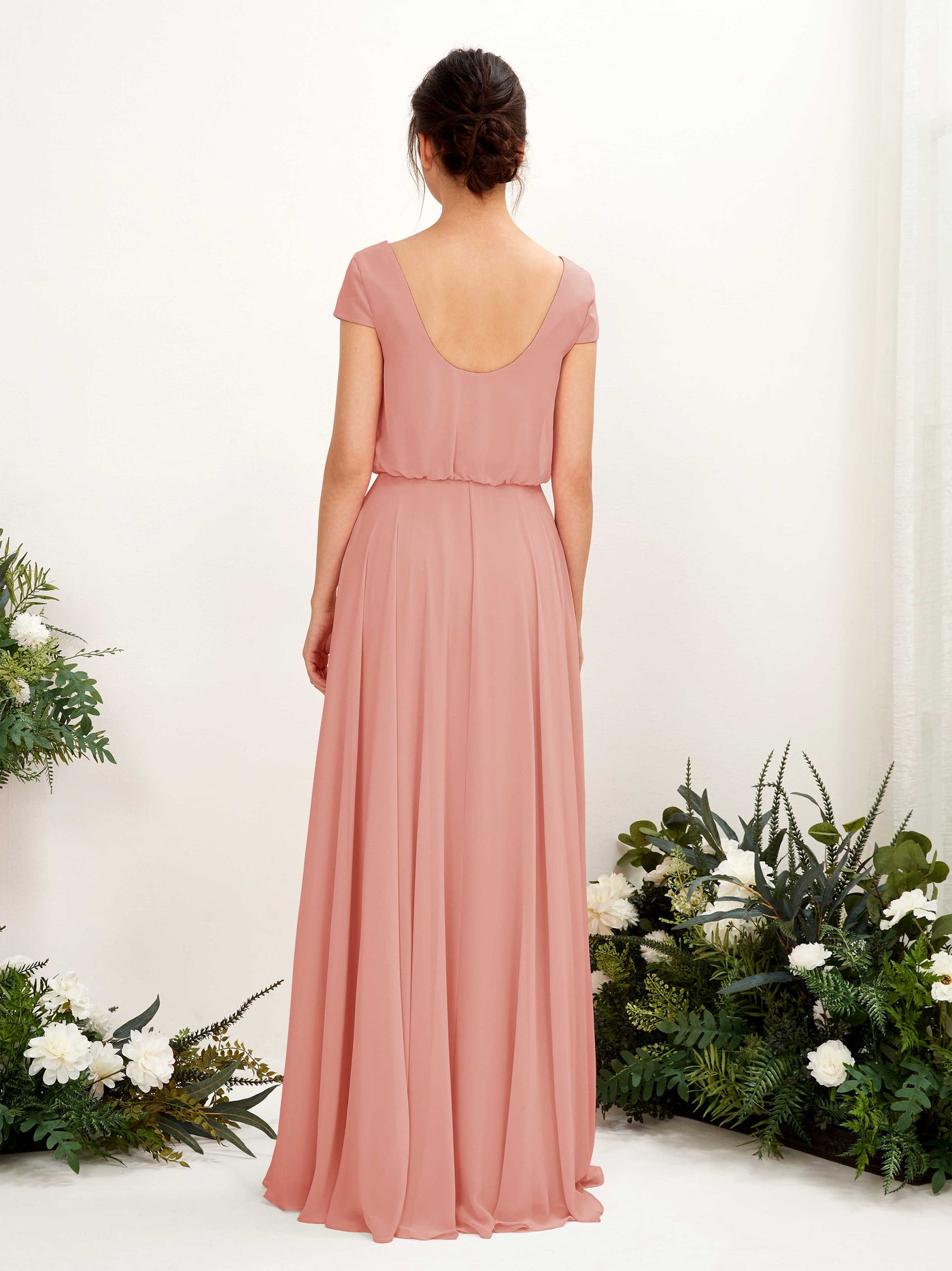Carlyna A-Linien-Kleid V-Ausschnitt Flügelärmel Bodenlanger Brautjungfernkleid Champagner-Rose #farbe_champagner-rose