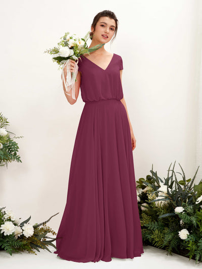 Carlyna A-Linien-Kleid V-Ausschnitt Flügelärmel Bodenlanger Brautjungfernkleid Chianti #farbe_chianti