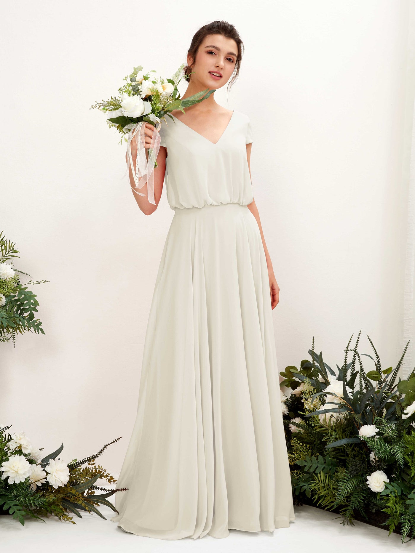 Carlyna A-Linien-Kleid V-Ausschnitt Flügelärmel Bodenlanger Brautjungfernkleid Elfenbein #farbe_elfenbein