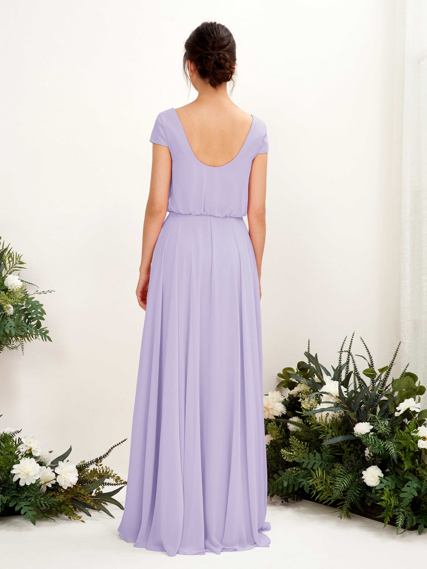 Carlyna A-Linien-Kleid V-Ausschnitt Flügelärmel Bodenlanger Brautjungfernkleid Flieder #farbe_flieder