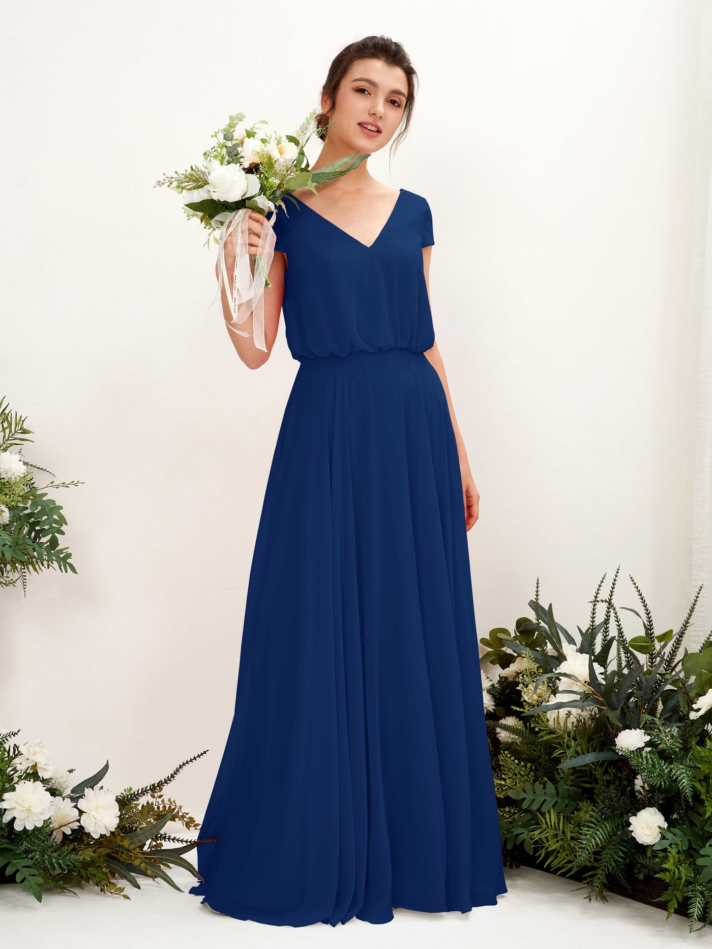 Carlyna A-Linien-Kleid V-Ausschnitt Flügelärmel Bodenlanger Brautjungfernkleid Königsblau #farbe_k-nigsblau