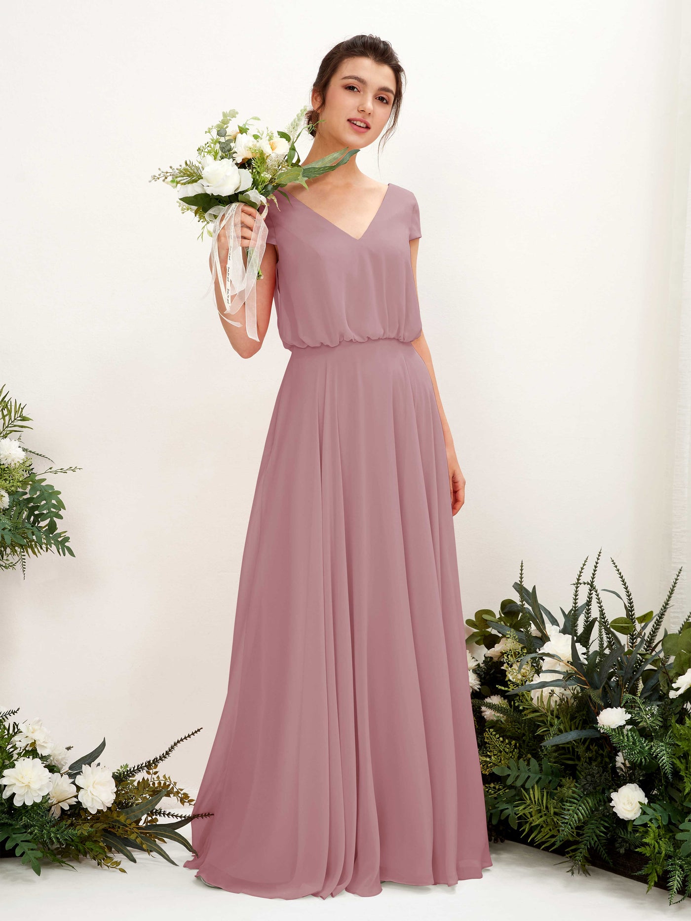Carlyna A-Linien-Kleid V-Ausschnitt Flügelärmel Bodenlanger Brautjungfernkleid Klassisch Mauve #farbe_klassisch-mauve