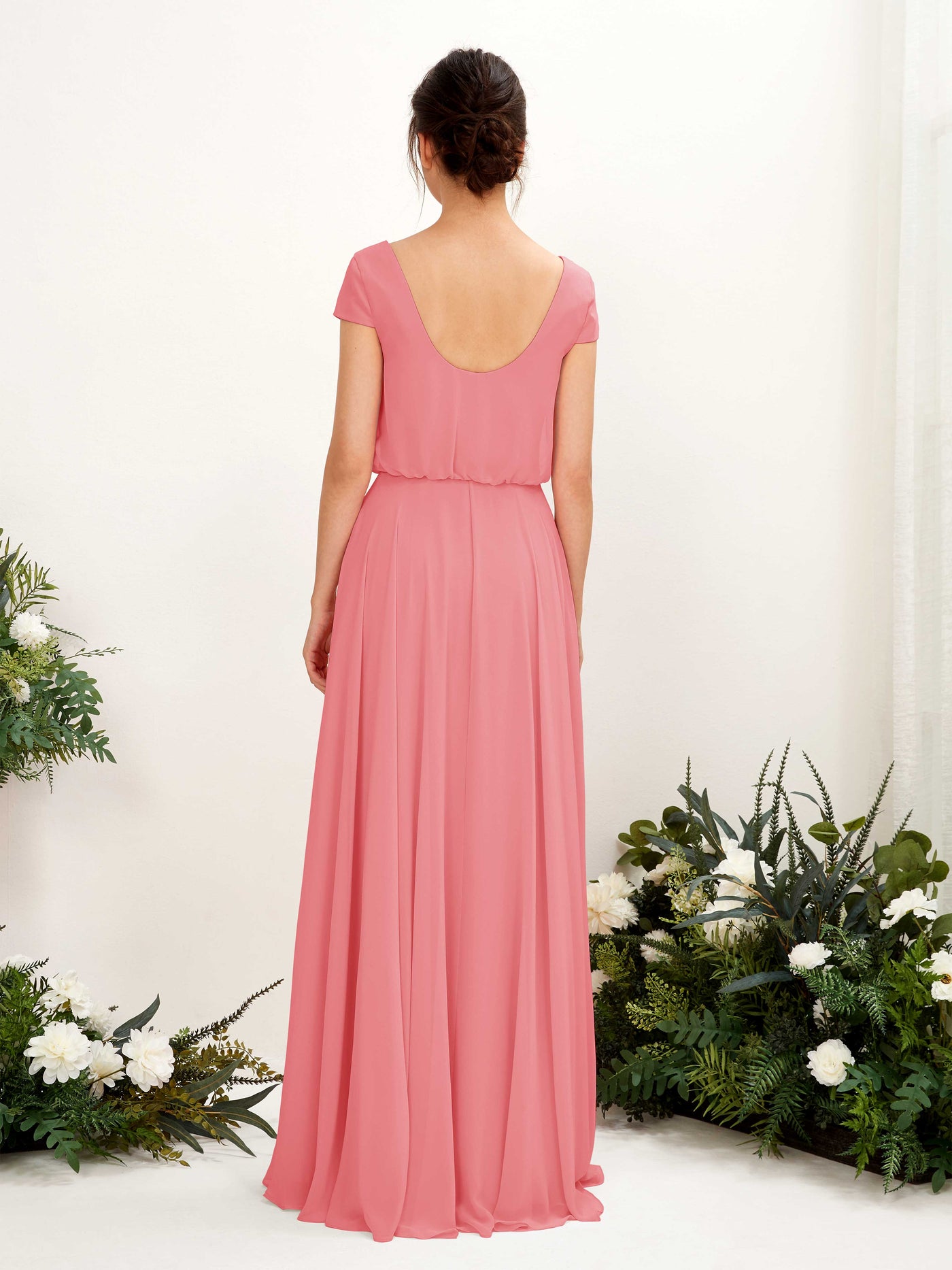 Carlyna A-Linien-Kleid V-Ausschnitt Flügelärmel Bodenlanger Brautjungfernkleid Korallenrosa #farbe_korallenrosa