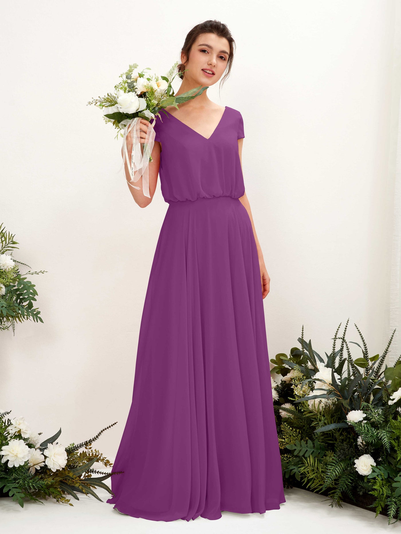 Carlyna A-Linien-Kleid V-Ausschnitt Flügelärmel Bodenlanger Brautjungfernkleid Lila #farbe_lila
