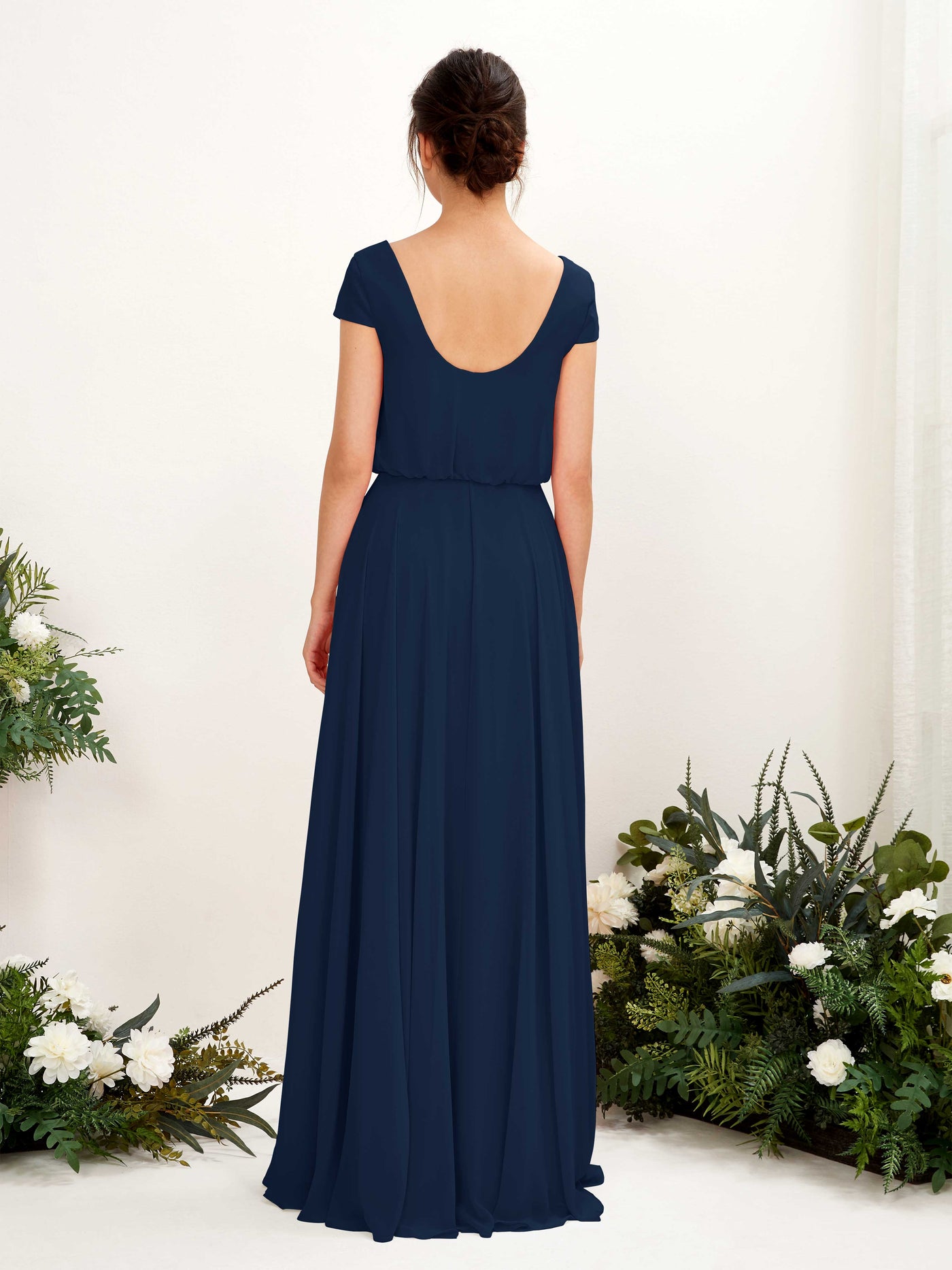 Carlyna A-Linien-Kleid V-Ausschnitt Flügelärmel Bodenlanger Brautjungfernkleid Marineblau #farbe_marineblau