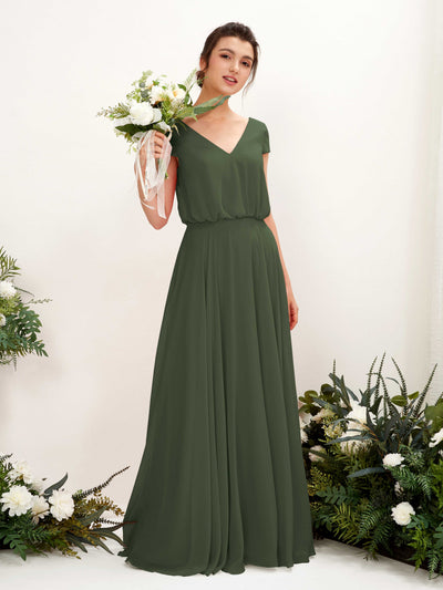 Carlyna A-Linien-Kleid V-Ausschnitt Flügelärmel Bodenlanger Brautjungfernkleid Martini-Olive #farbe_martini-olive
