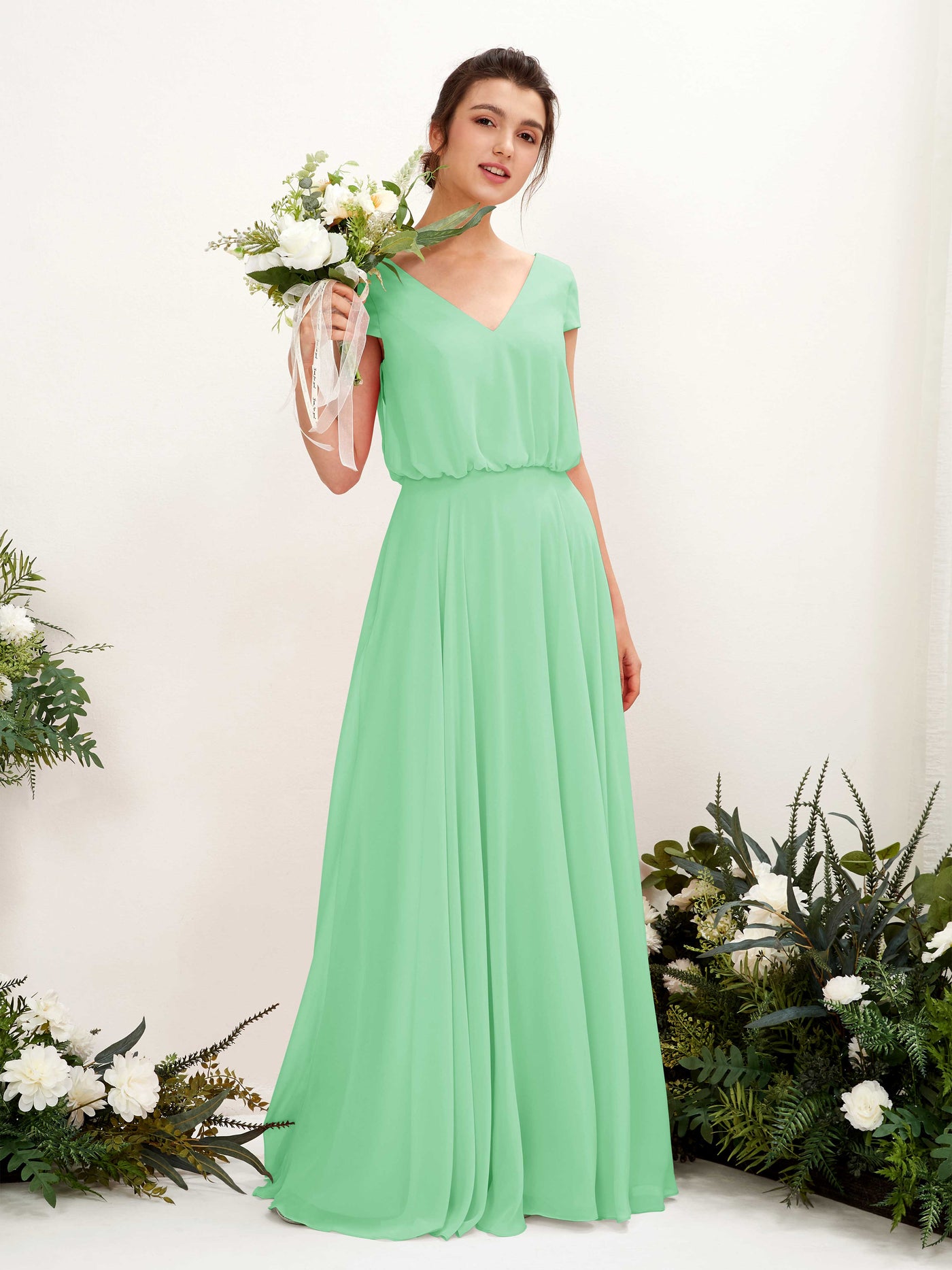 Carlyna A-Linien-Kleid V-Ausschnitt Flügelärmel Bodenlanger Brautjungfernkleid Minzgrün #farbe_minzgr-n