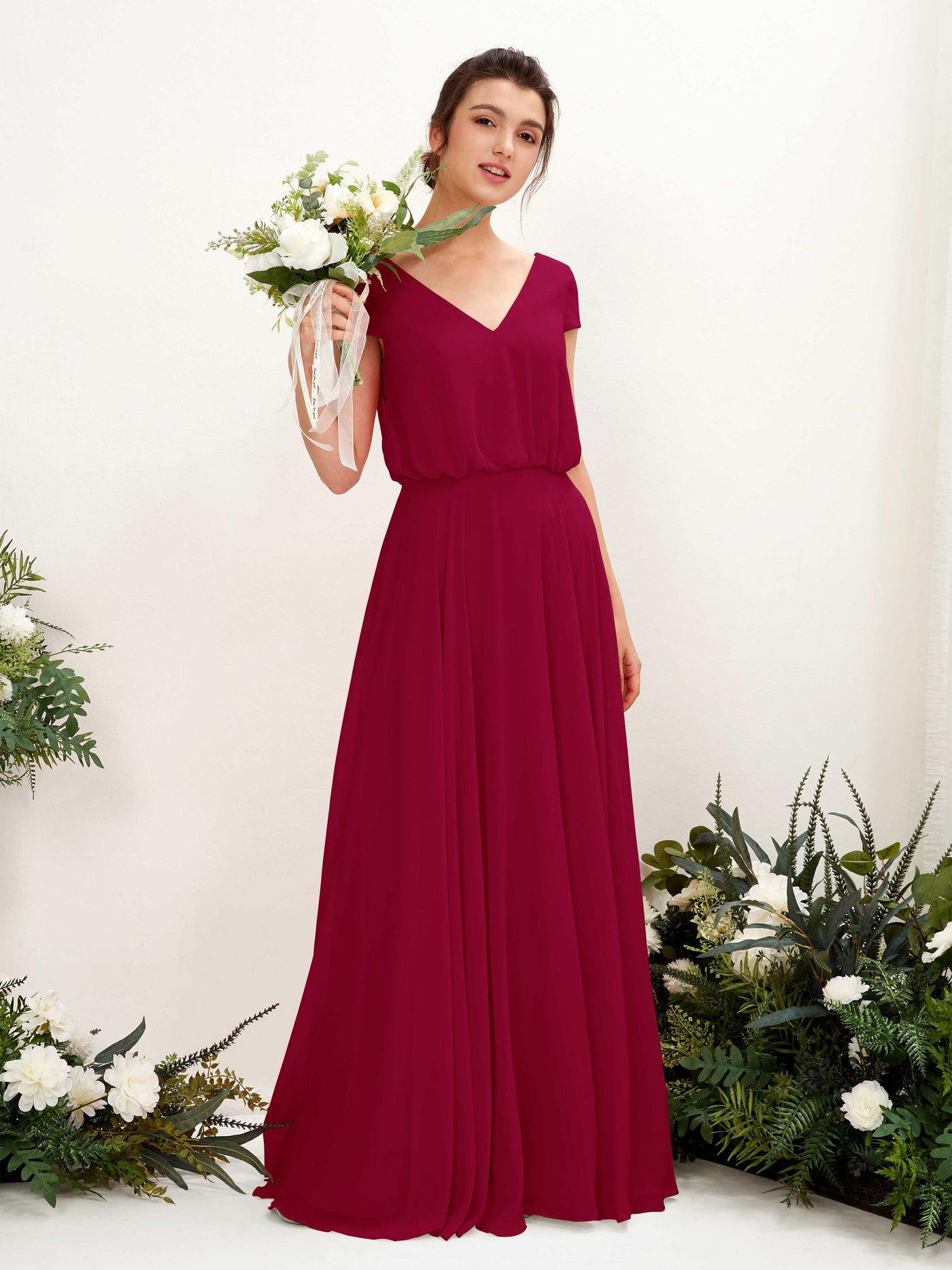Carlyna A-Linien-Kleid V-Ausschnitt Flügelärmel Bodenlanger Brautjungfernkleid Narrenrot #farbe_narrenrot