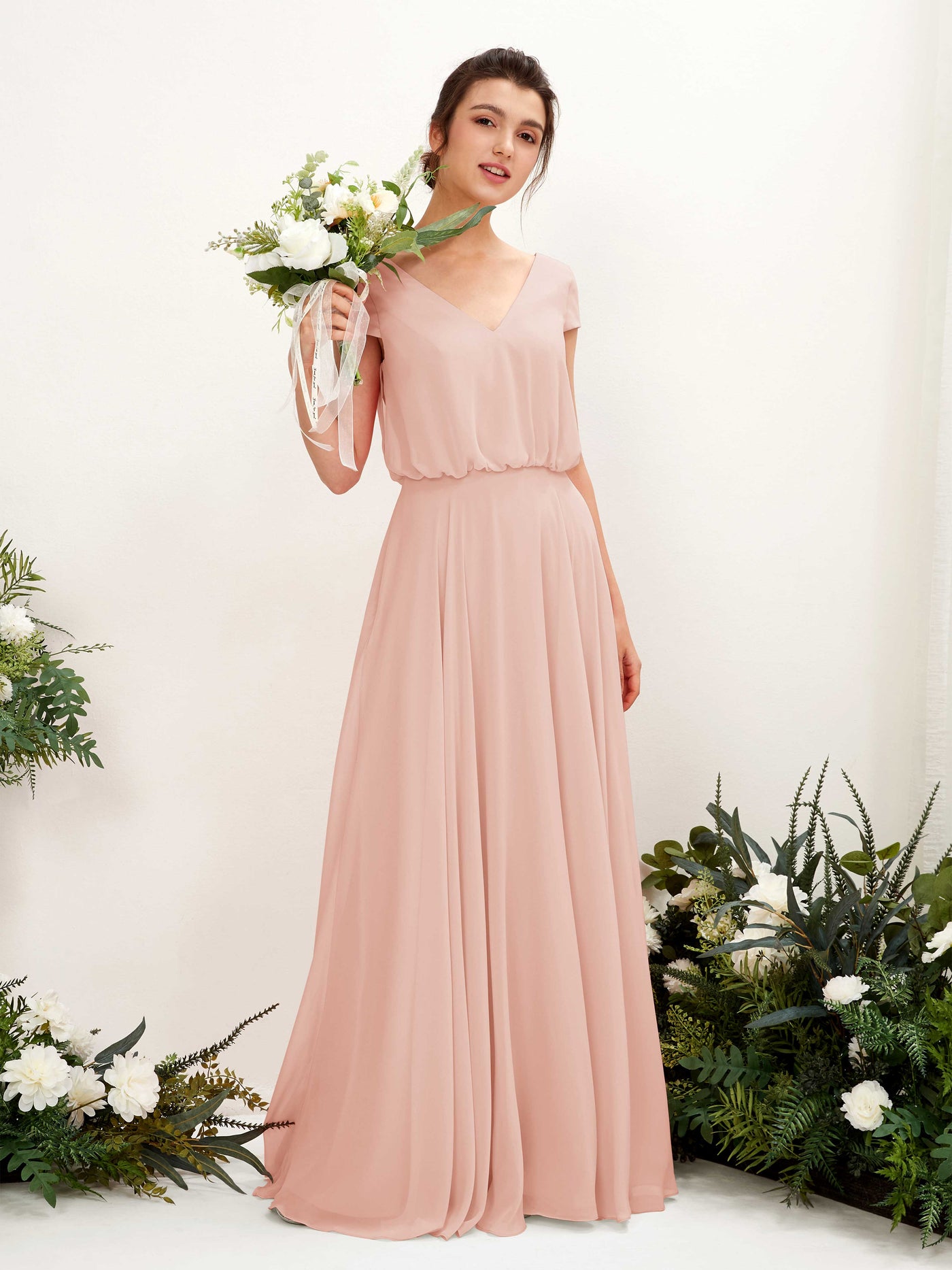 Carlyna A-Linien-Kleid V-Ausschnitt Flügelärmel Bodenlanger Brautjungfernkleid Perlrosa #farbe_perlrosa