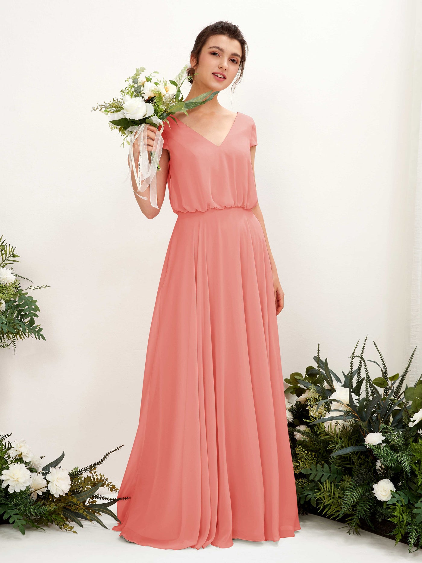 Carlyna A-Linien-Kleid V-Ausschnitt Flügelärmel Bodenlanger Brautjungfernkleid Pfirsichrosa #farbe_pfirsichrosa