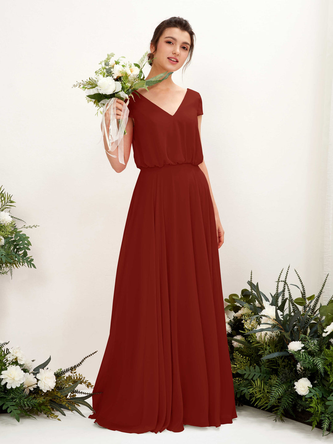 Carlyna A-Linien-Kleid V-Ausschnitt Flügelärmel Bodenlanger Brautjungfernkleid Rostrot 