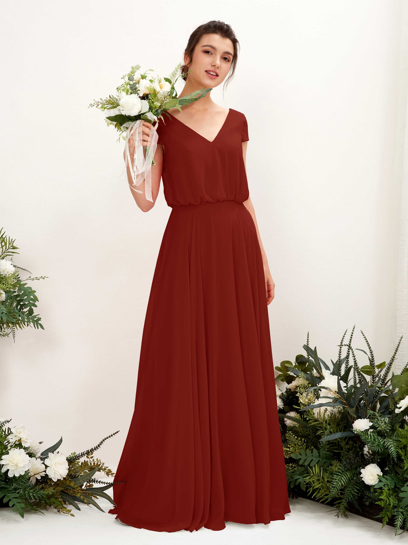 Carlyna A-Linien-Kleid V-Ausschnitt Flügelärmel Bodenlanger Brautjungfernkleid Rostrot #farbe_rostrot