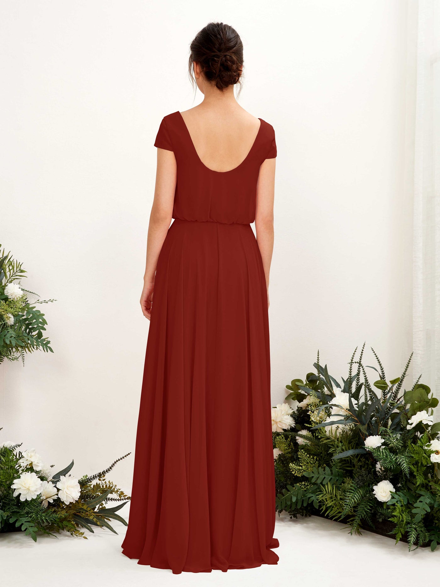 Carlyna A-Linien-Kleid V-Ausschnitt Flügelärmel Bodenlanger Brautjungfernkleid Rostrot #farbe_rostrot