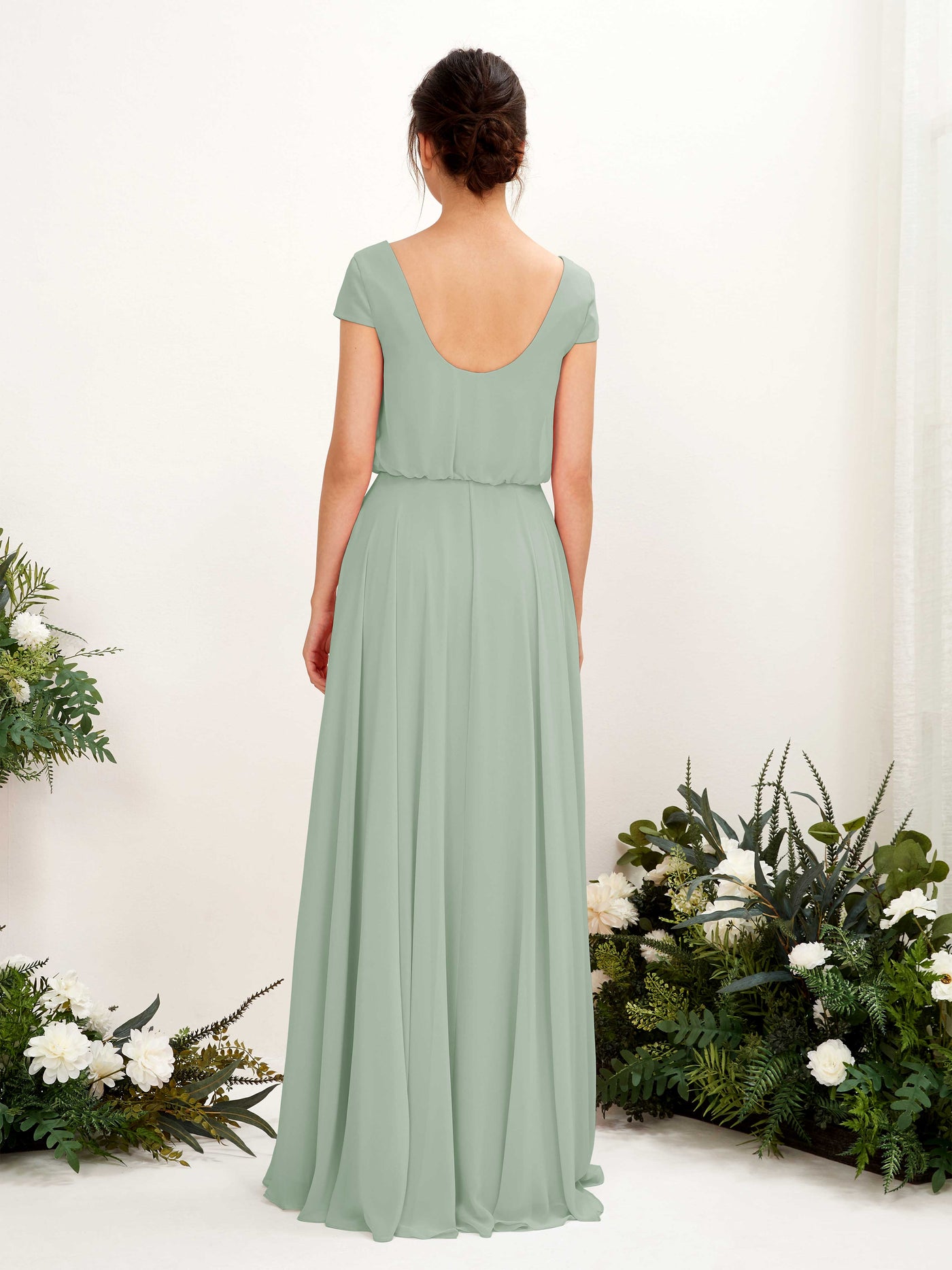 Carlyna A-Linien-Kleid V-Ausschnitt Flügelärmel Bodenlanger Brautjungfernkleid Salbeigrün #farbe_salbeigr-n