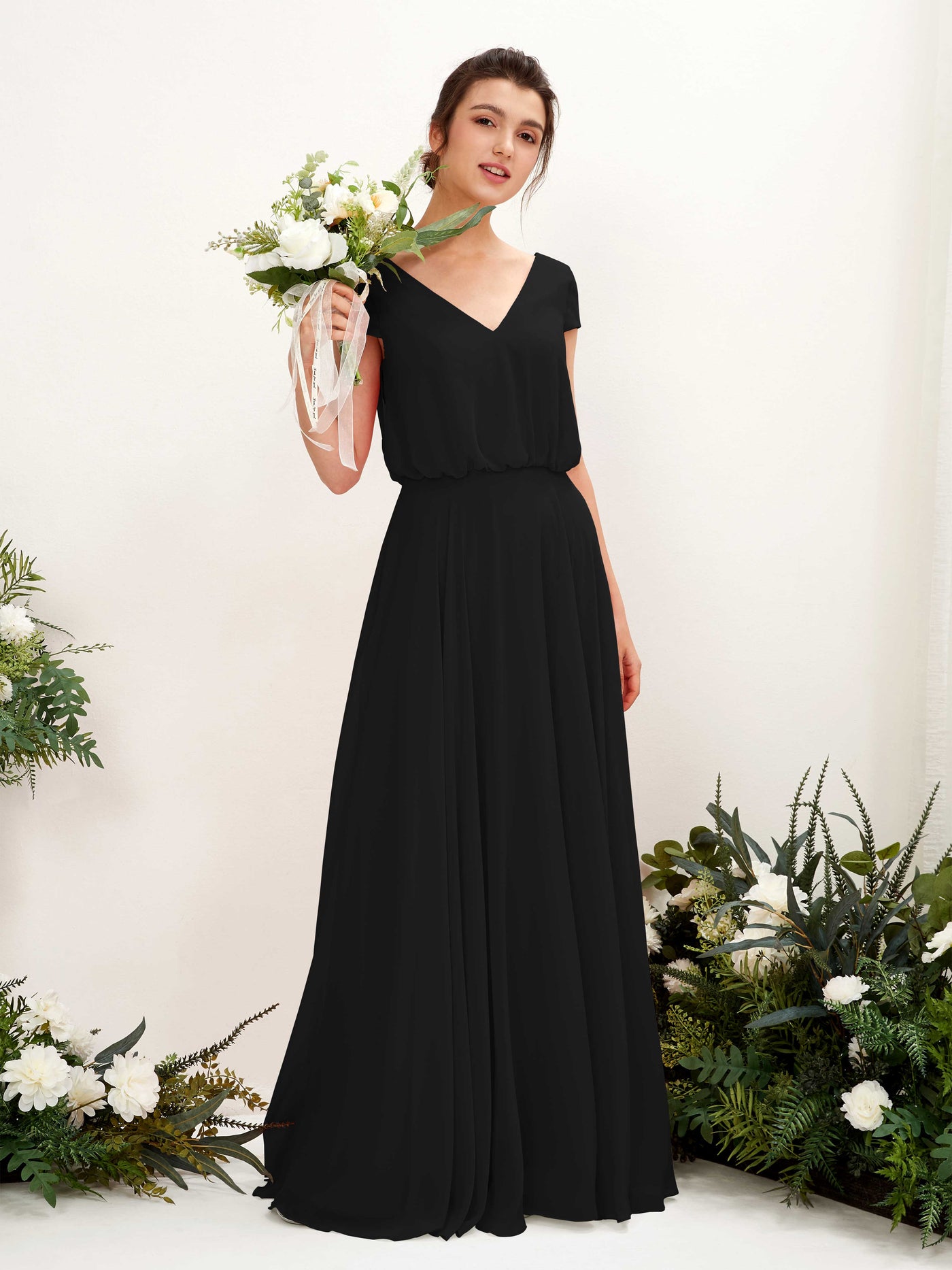 Carlyna A-Linien-Kleid V-Ausschnitt Flügelärmel Bodenlanger Brautjungfernkleid Schwarz #farbe_schwarz