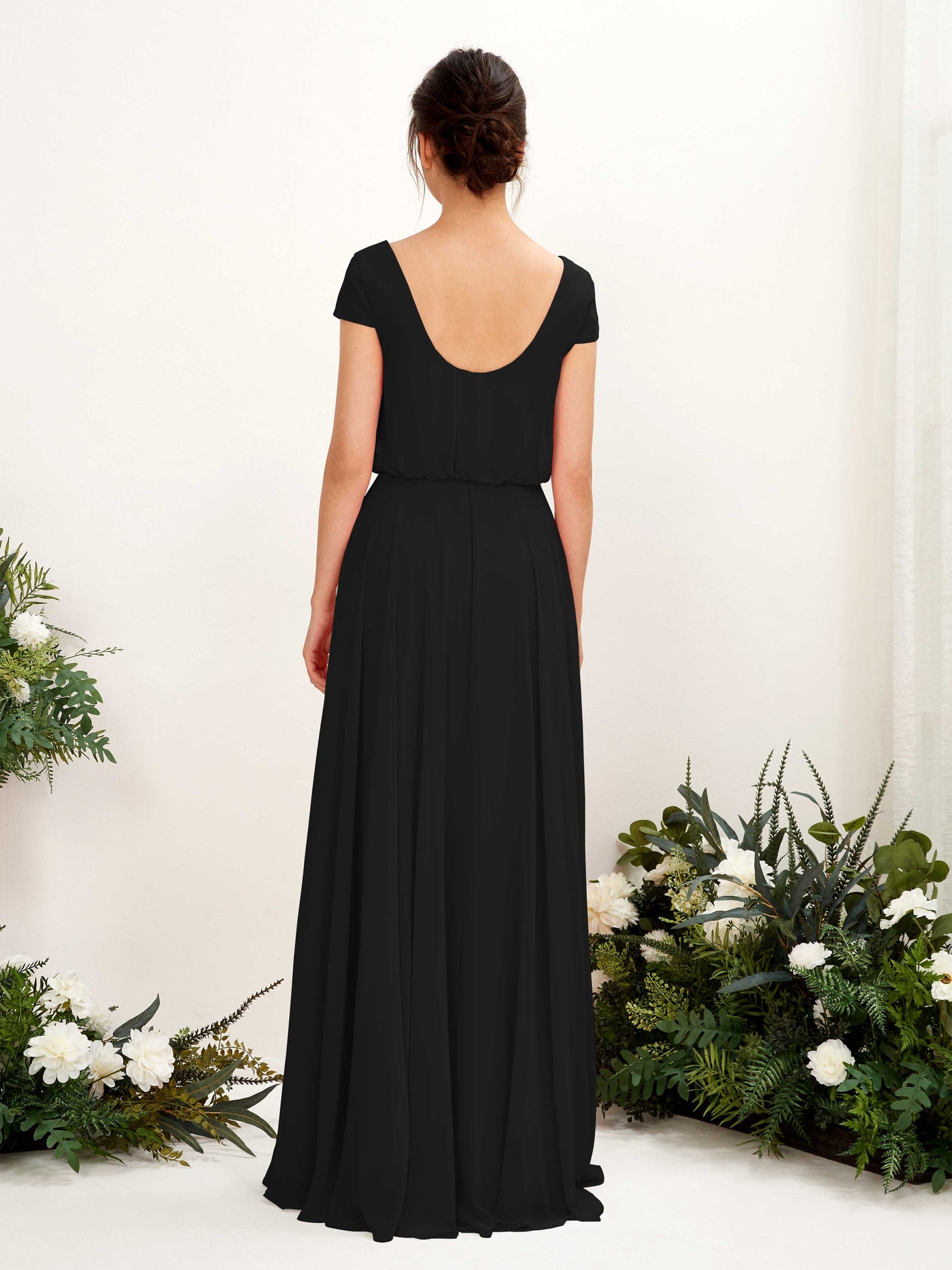 Carlyna A-Linien-Kleid V-Ausschnitt Flügelärmel Bodenlanger Brautjungfernkleid Schwarz #farbe_schwarz