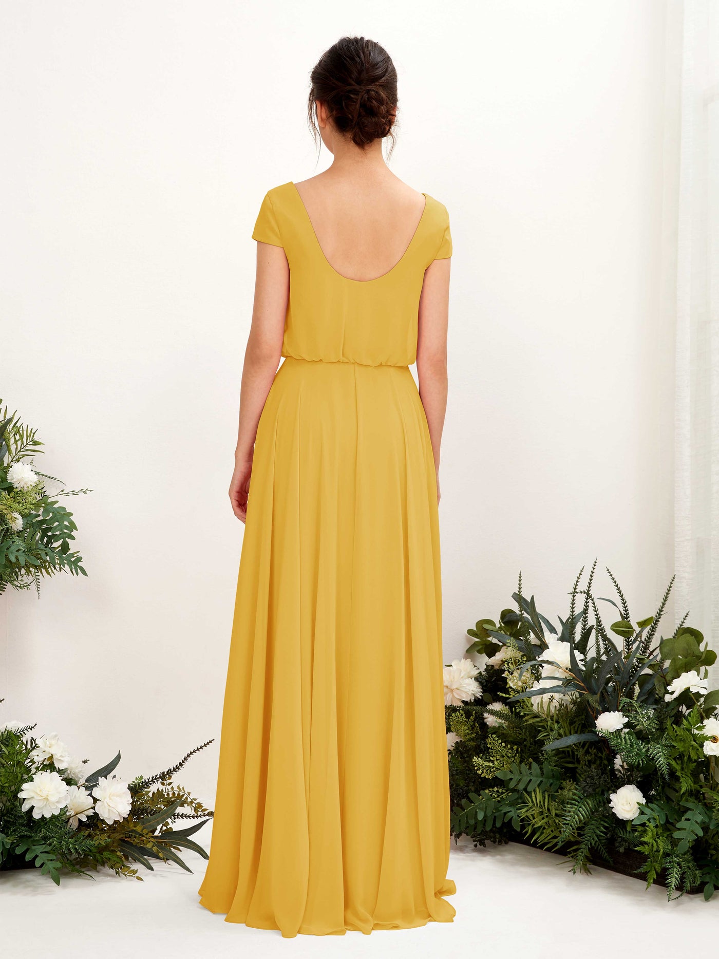 Carlyna A-Linien-Kleid V-Ausschnitt Flügelärmel Bodenlanger Brautjungfernkleid Senfgelb #farbe_senfgelb