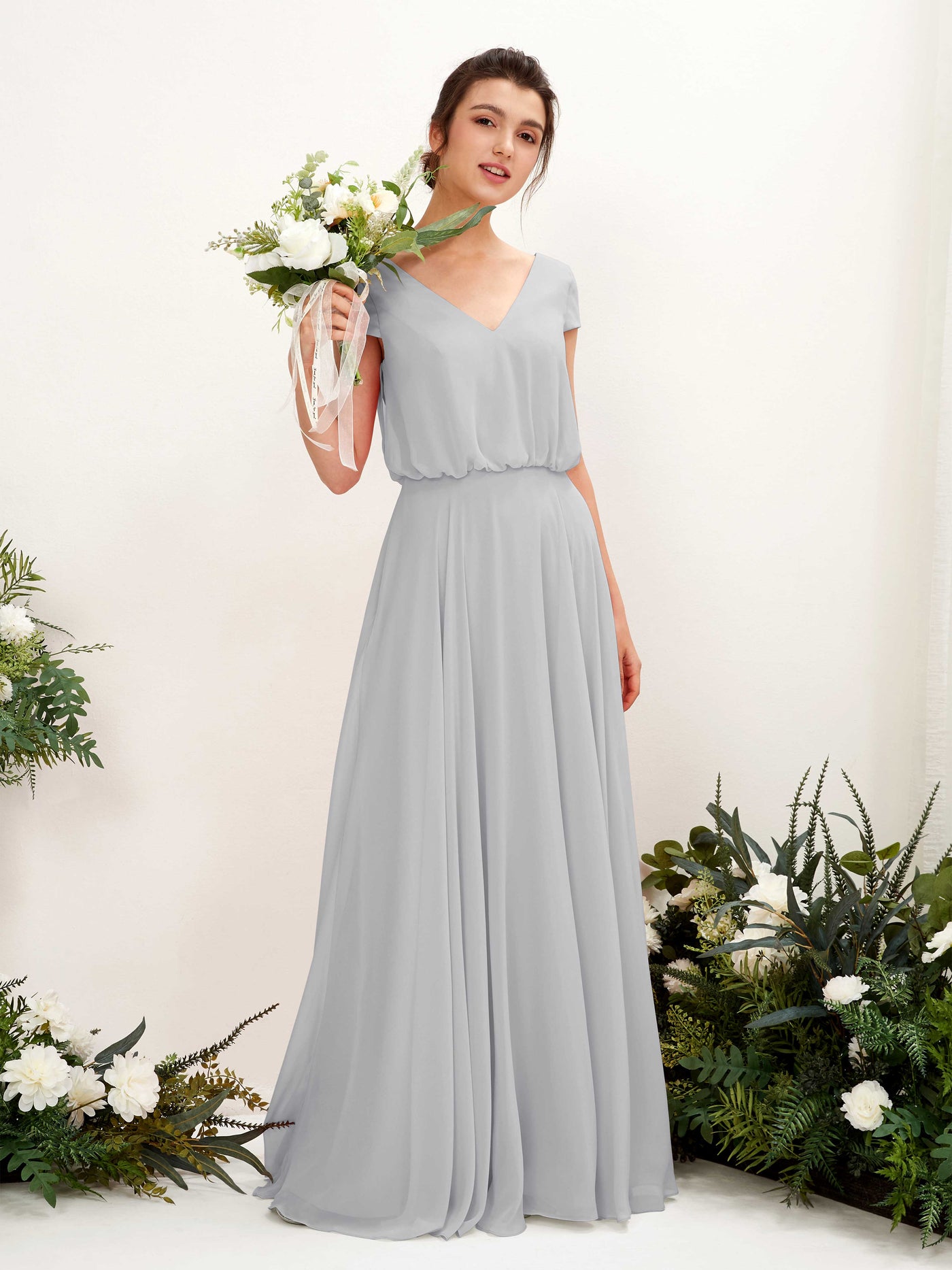 Carlyna A-Linien-Kleid V-Ausschnitt Flügelärmel Bodenlanger Brautjungfernkleid Silber #farbe_silber