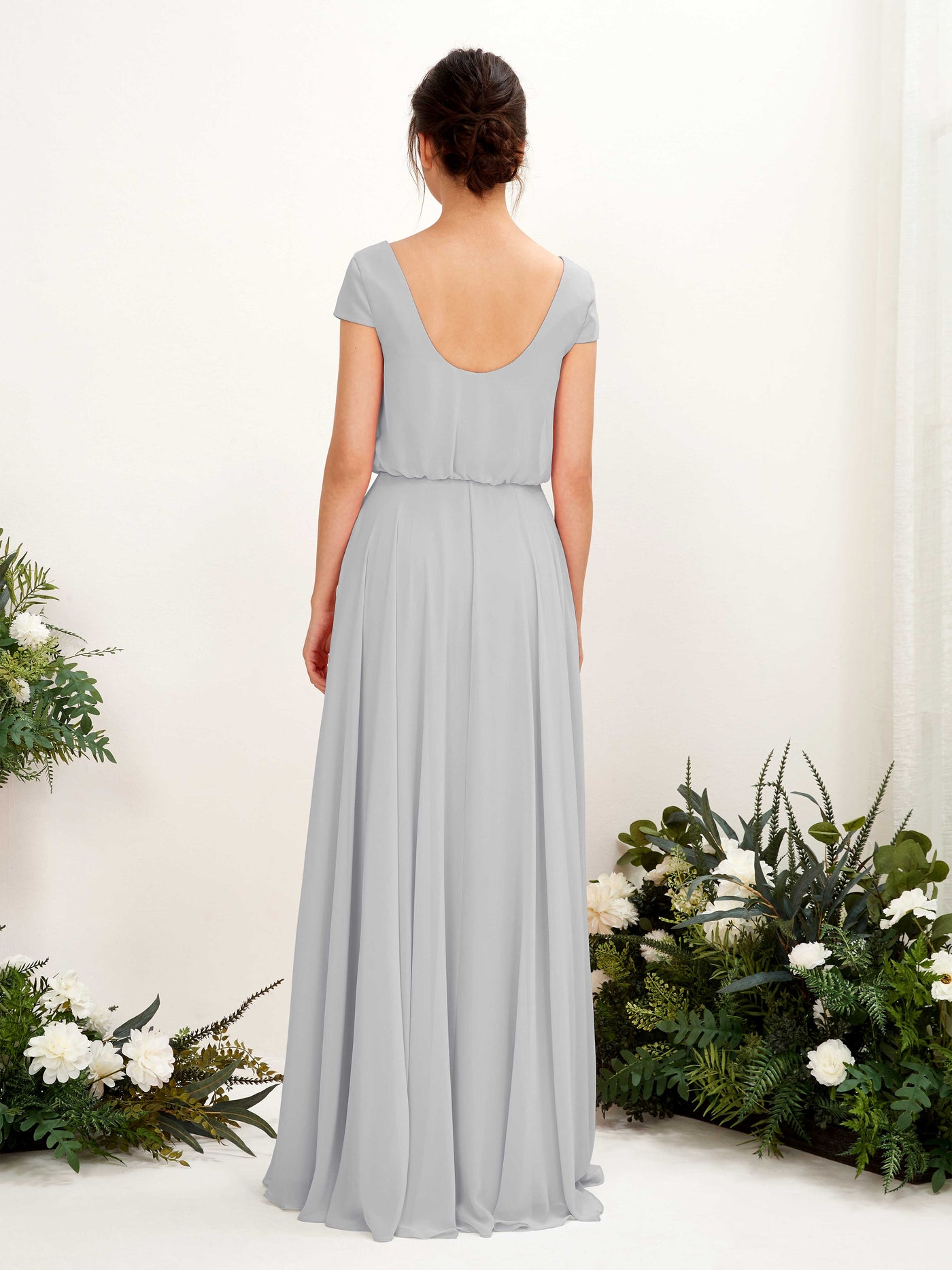 Carlyna A-Linien-Kleid V-Ausschnitt Flügelärmel Bodenlanger Brautjungfernkleid Silber #farbe_silber